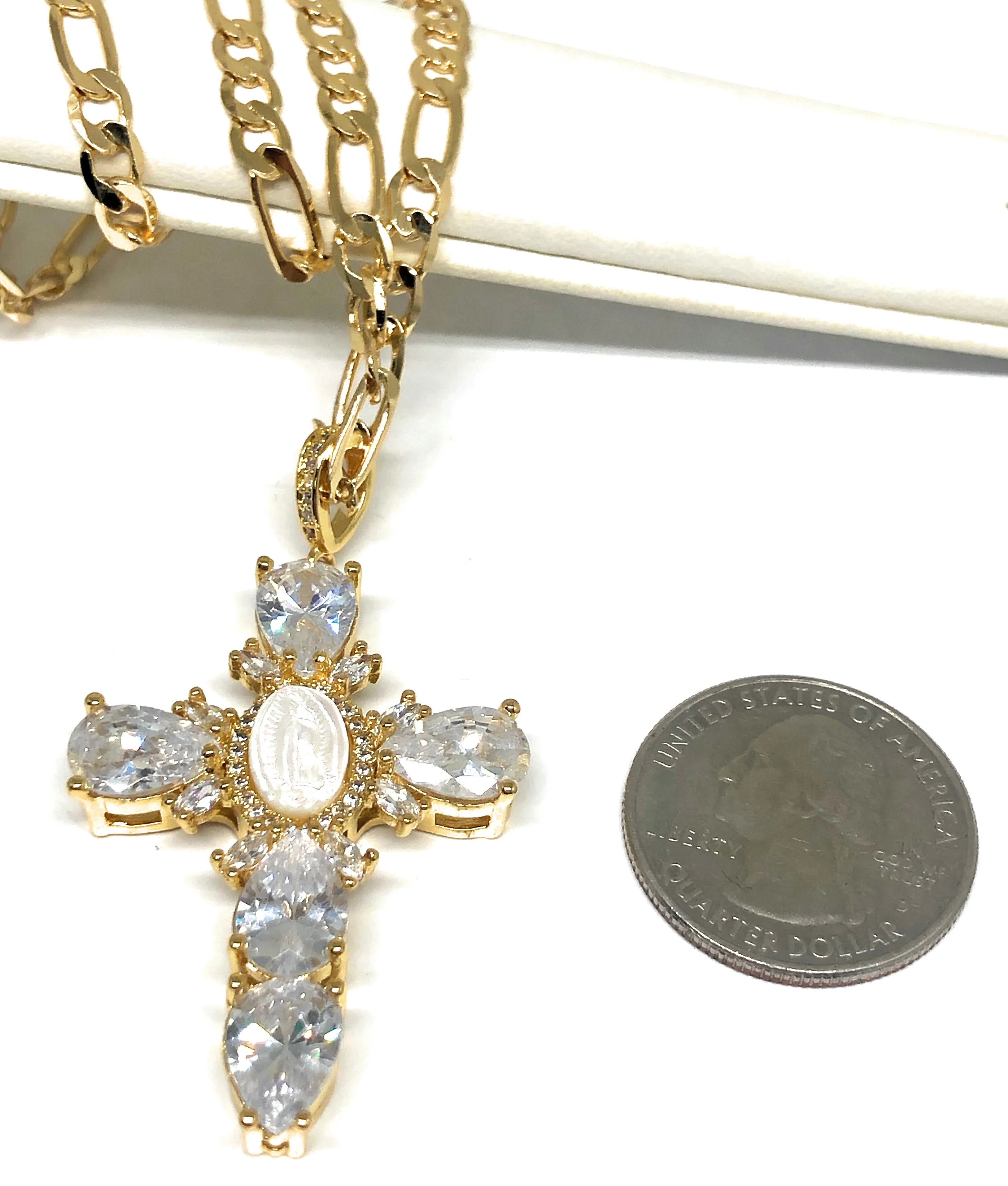 Gold Plated Cubic Zirconia Baguette Virgin Mary Cross 24” Necklace Cruz - Image 2