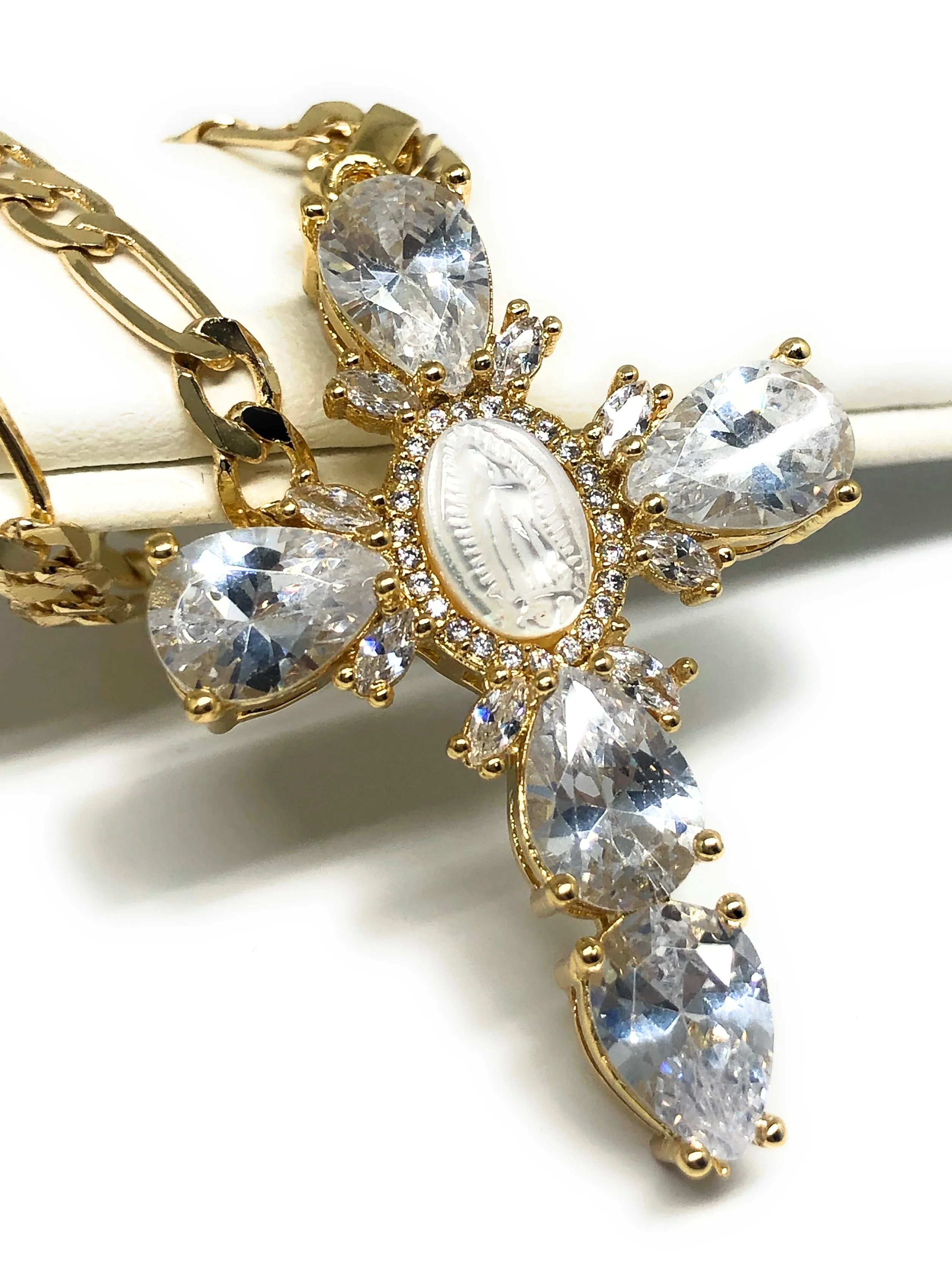 Gold Plated Cubic Zirconia Baguette Virgin Mary Cross 24” Necklace Cruz - Image 3