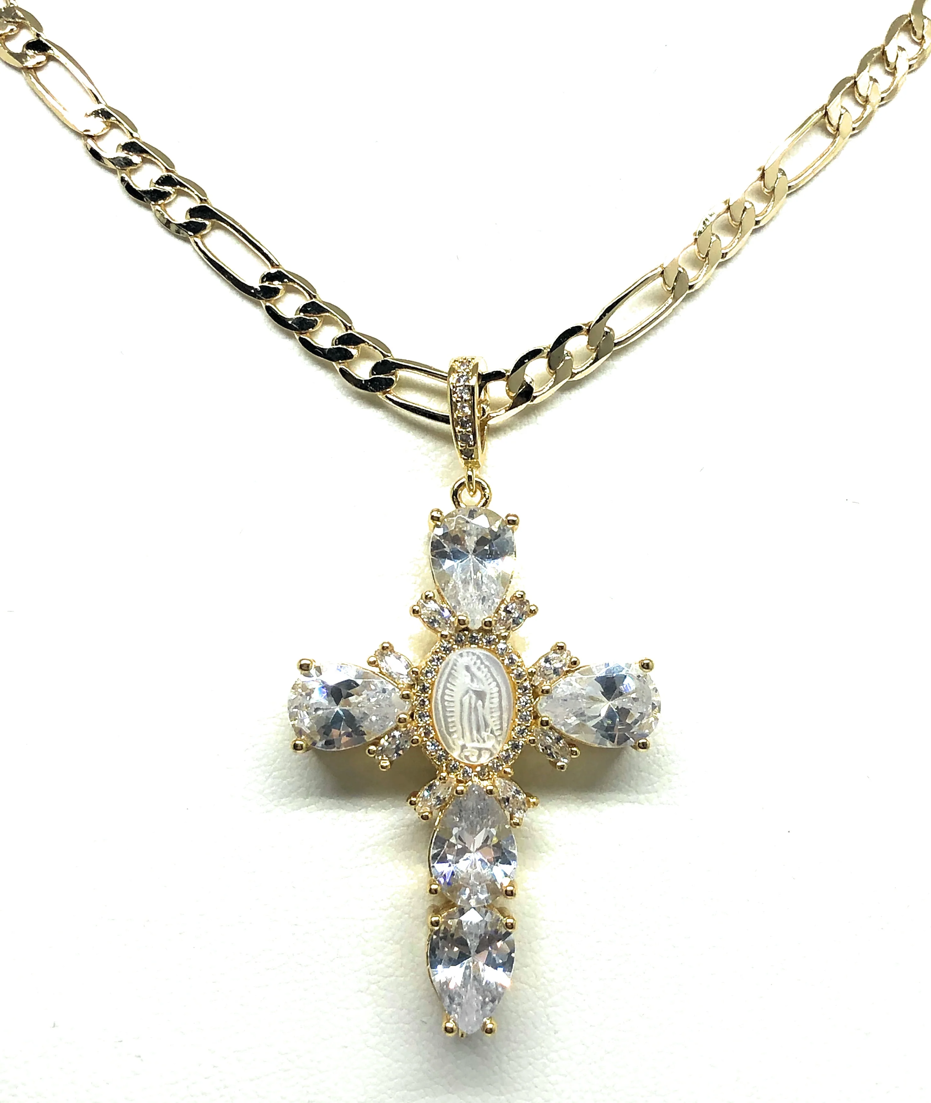 Gold Plated Cubic Zirconia Baguette Virgin Mary Cross 24” Necklace Cruz - Image 4