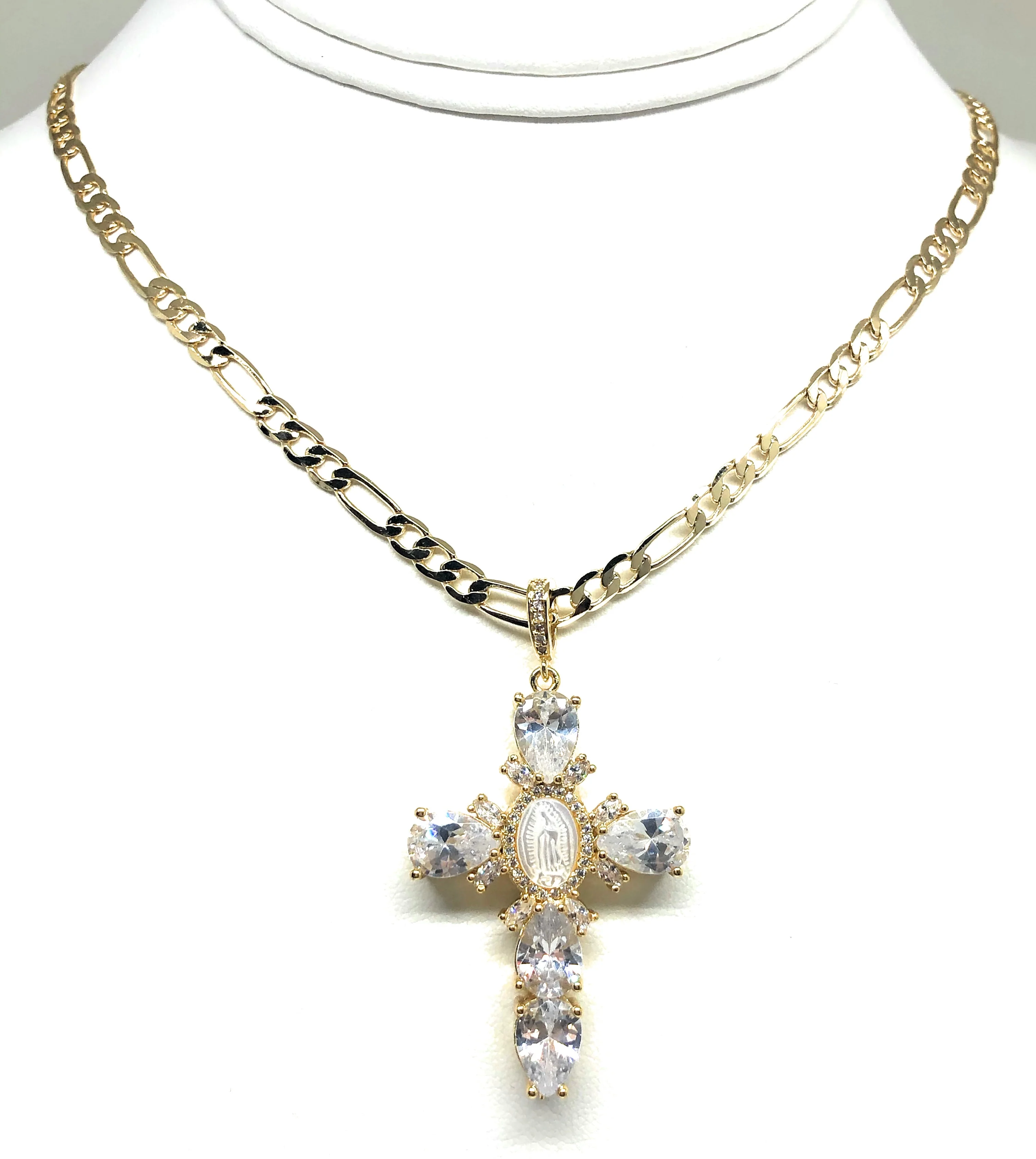 Gold Plated Cubic Zirconia Baguette Virgin Mary Cross 24” Necklace Cruz - Image 5