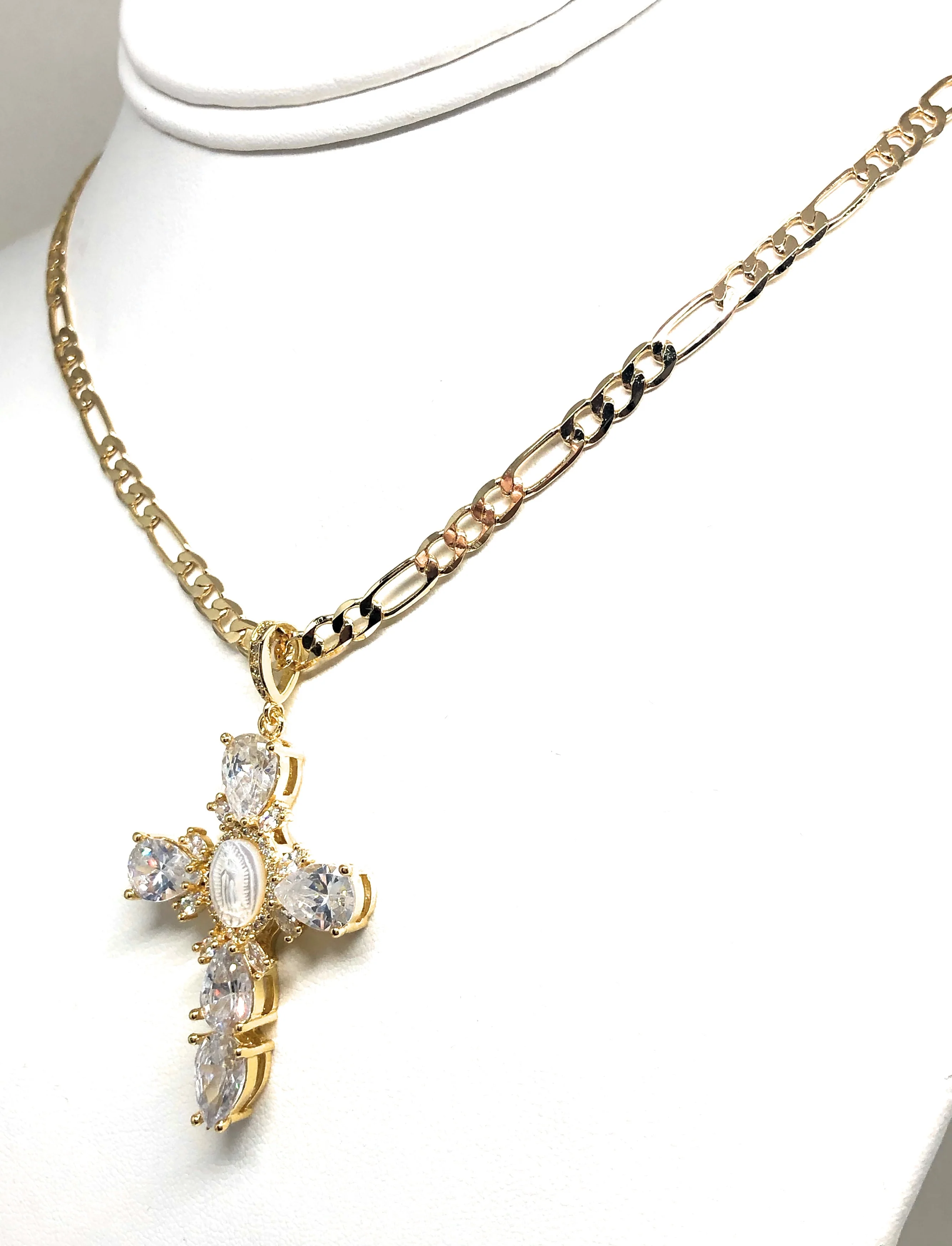 Gold Plated Cubic Zirconia Baguette Virgin Mary Cross 24” Necklace Cruz - Image 7