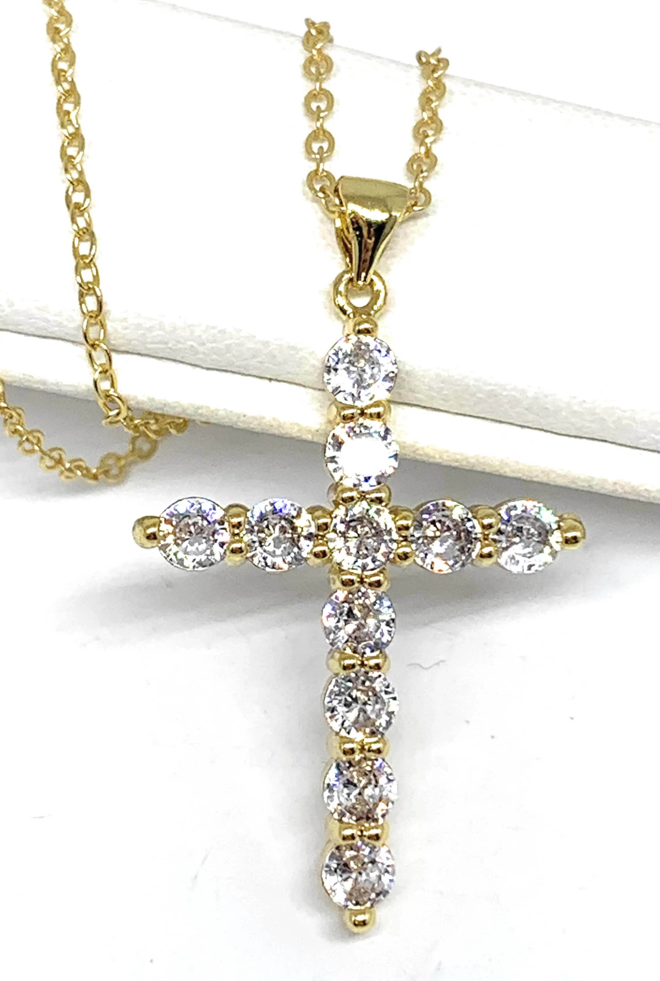 Gold Plated Cubic Zirconia Cross 20” Necklace Cruz