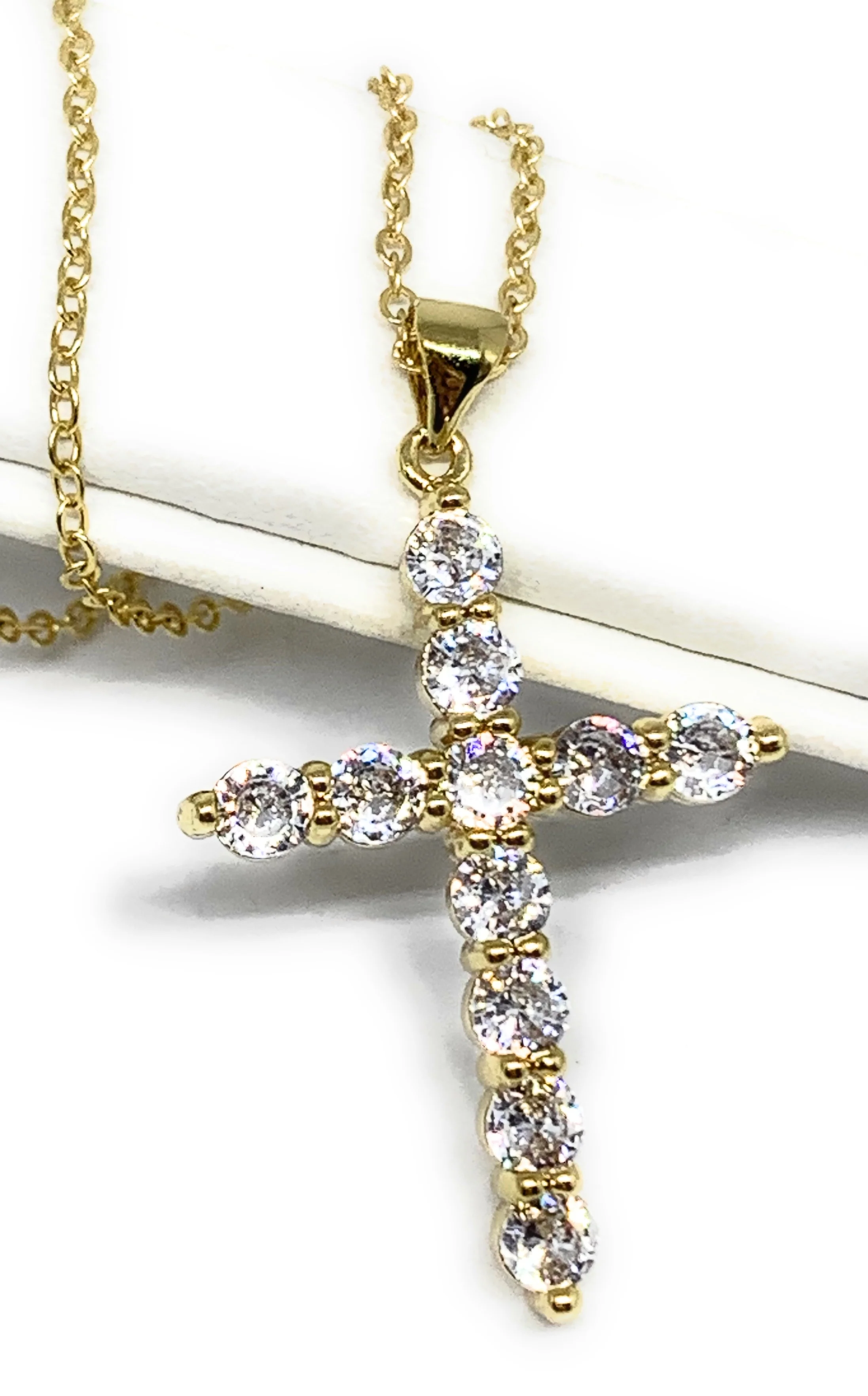 Gold Plated Cubic Zirconia Cross 20” Necklace Cruz - Image 2