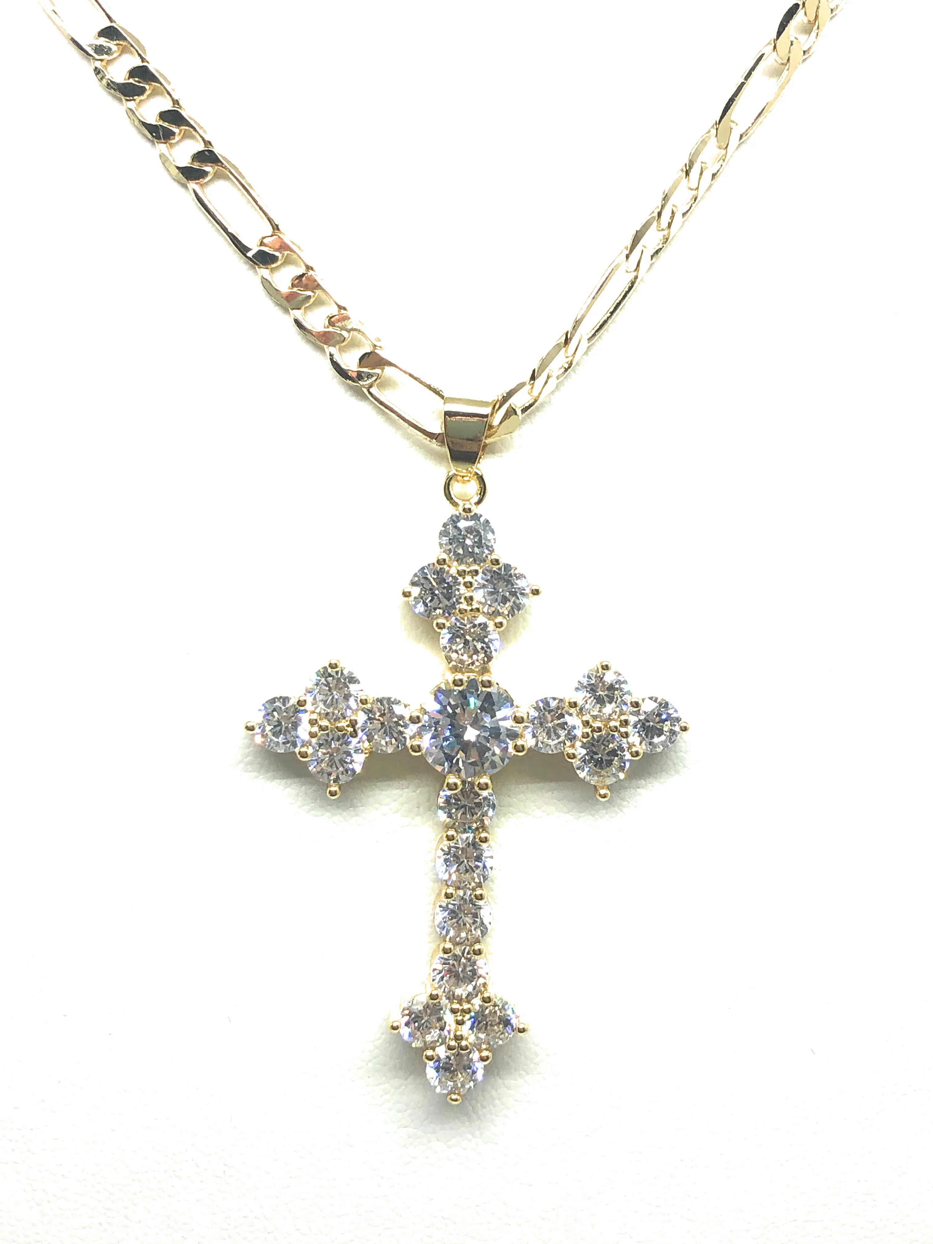 Gold Plated Cubic Zirconia Embroidered Cross 24” Necklace Cruz - Image 3