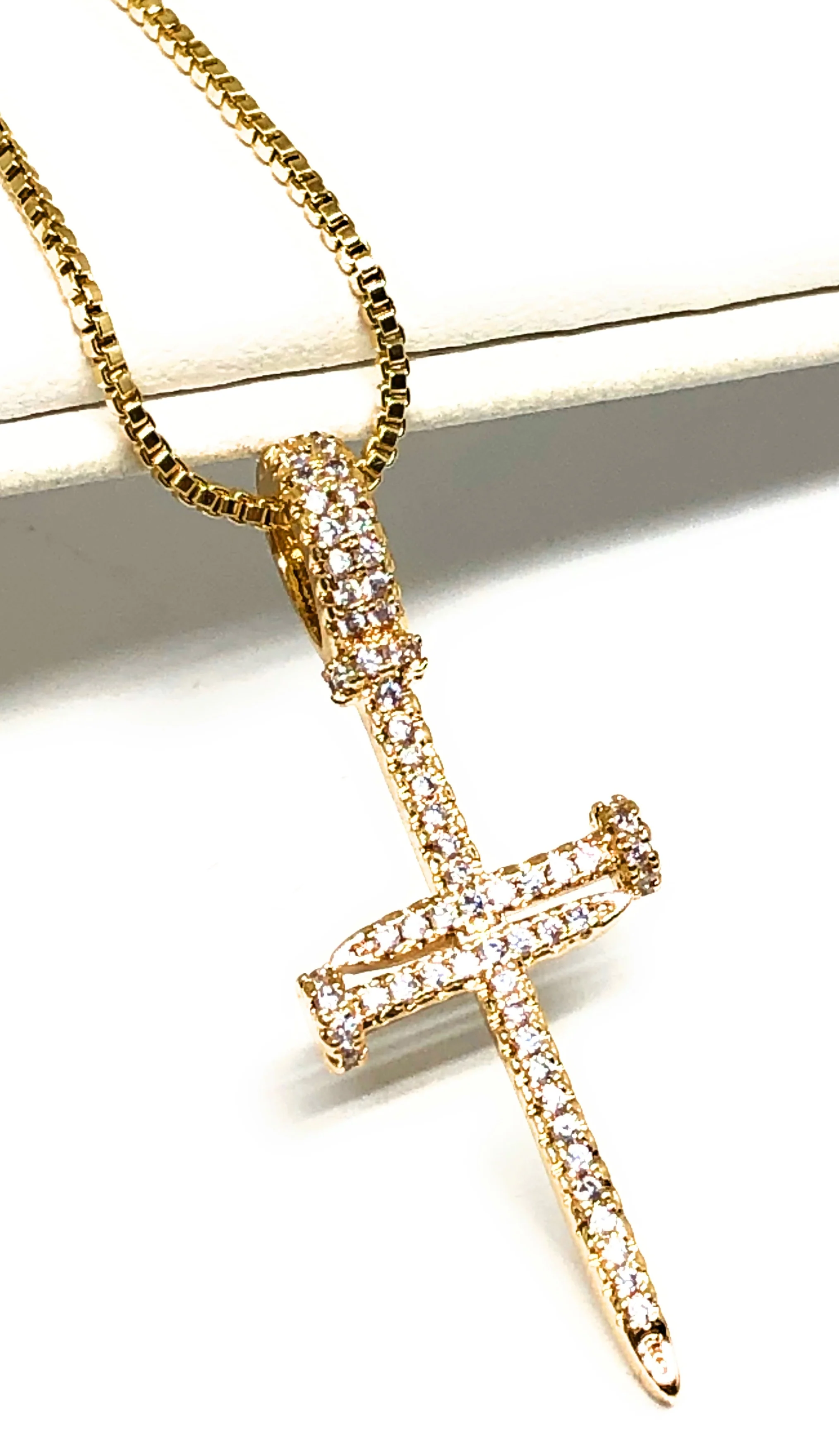 Gold Plated Cubic Zirconia Nail Cross 18” Necklace Cruz - Image 2