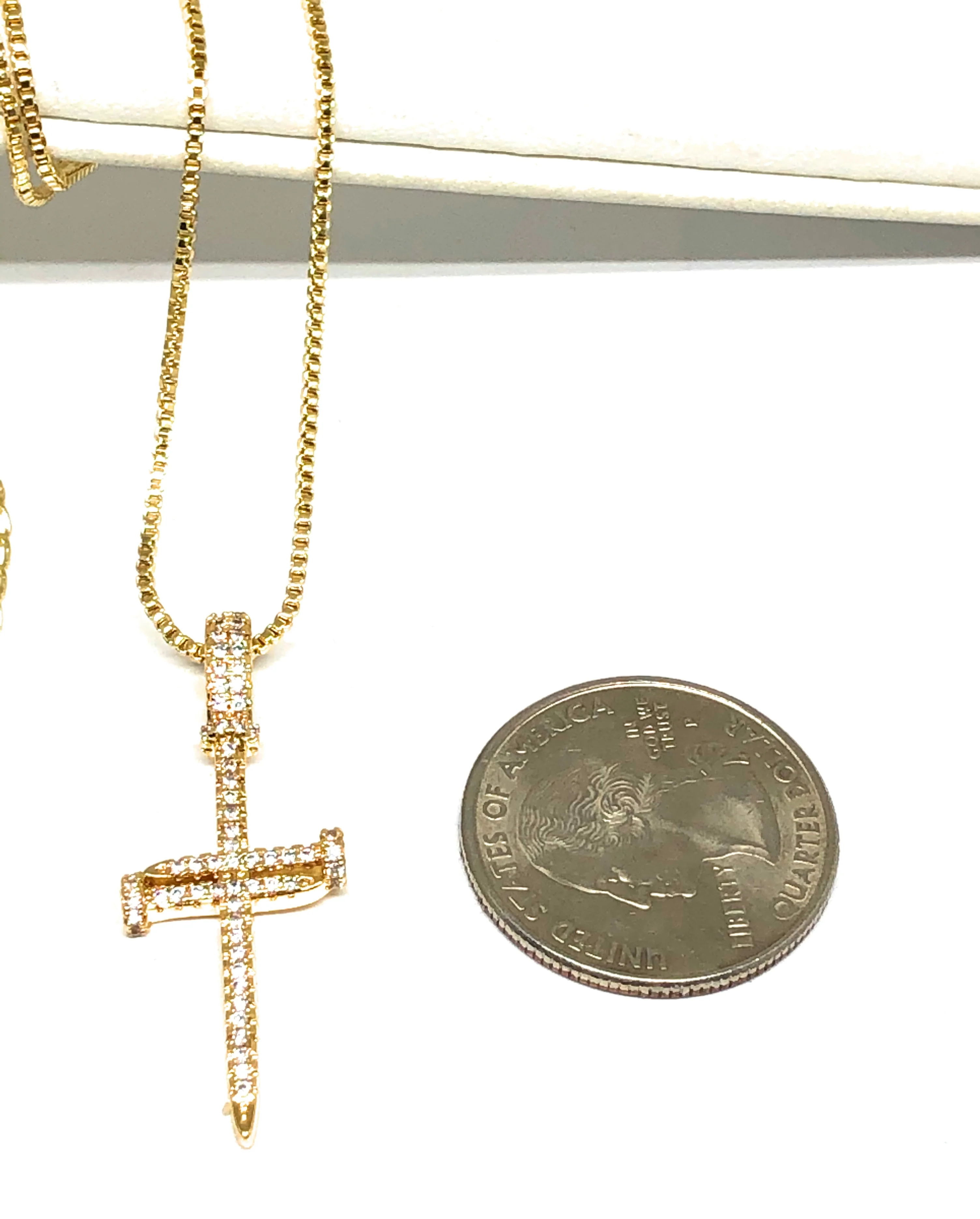 Gold Plated Cubic Zirconia Nail Cross 18” Necklace Cruz - Image 3