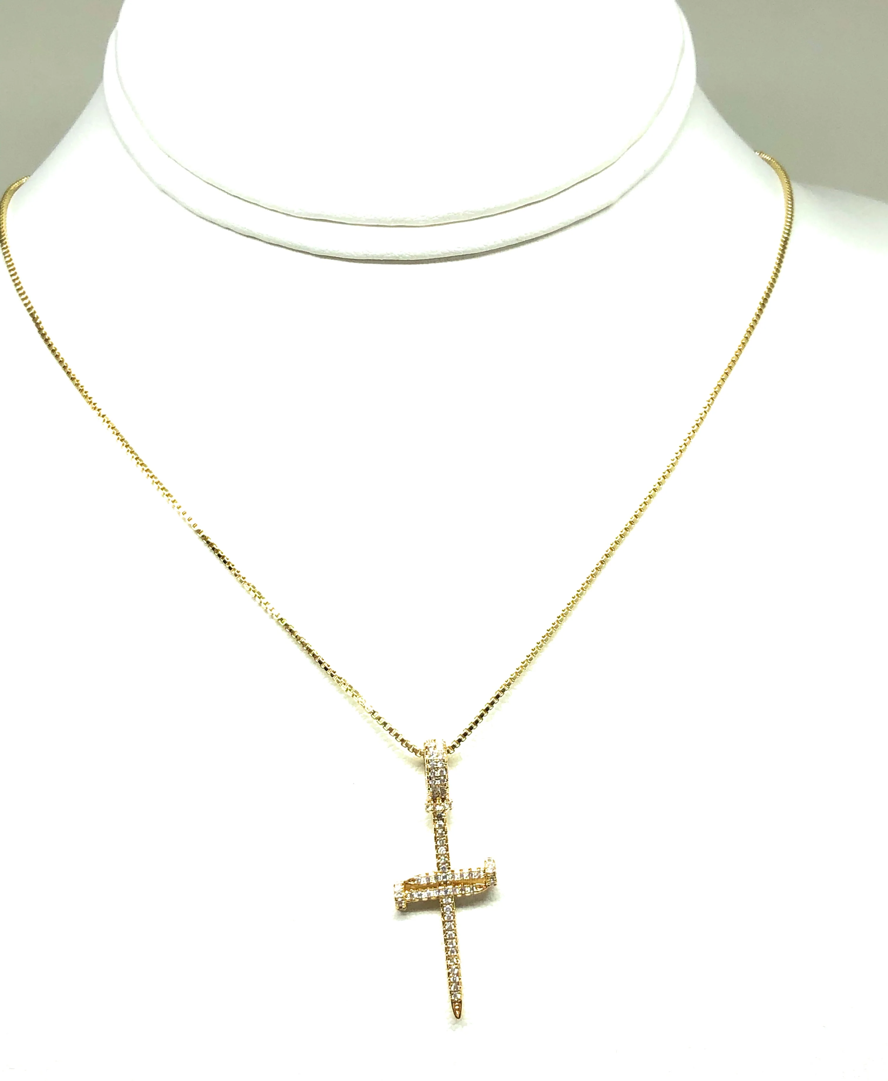 Gold Plated Cubic Zirconia Nail Cross 18” Necklace Cruz - Image 5
