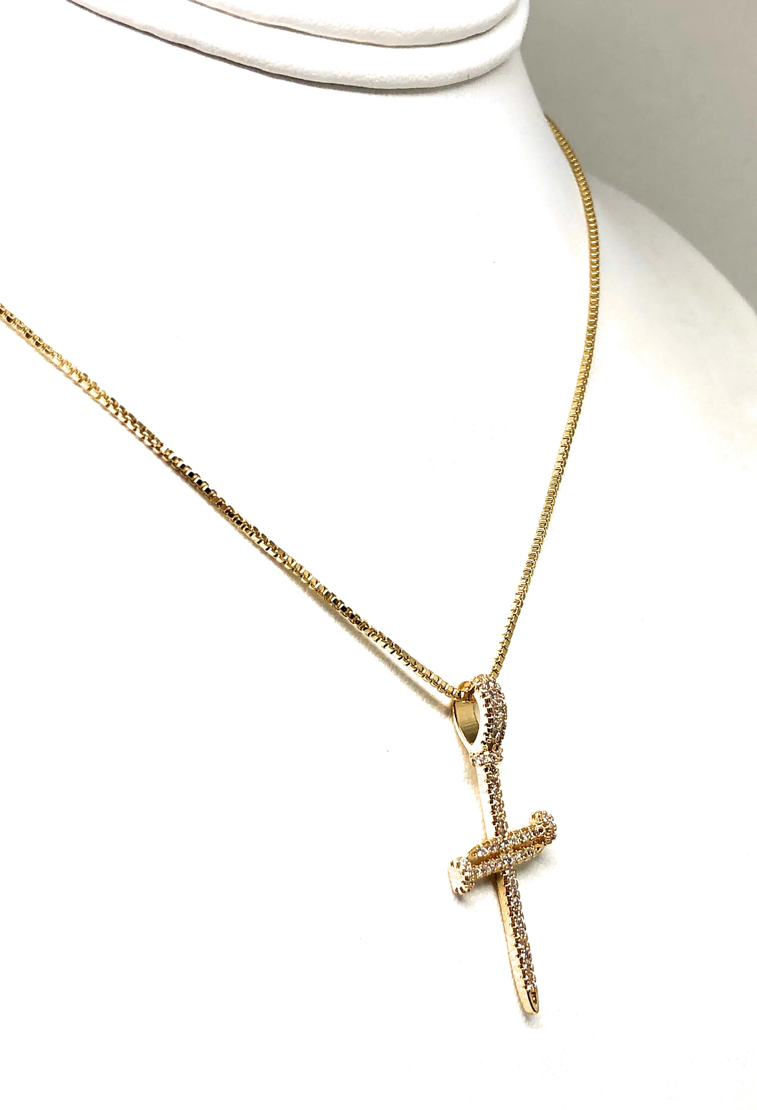 Gold Plated Cubic Zirconia Nail Cross 18” Necklace Cruz - Image 6