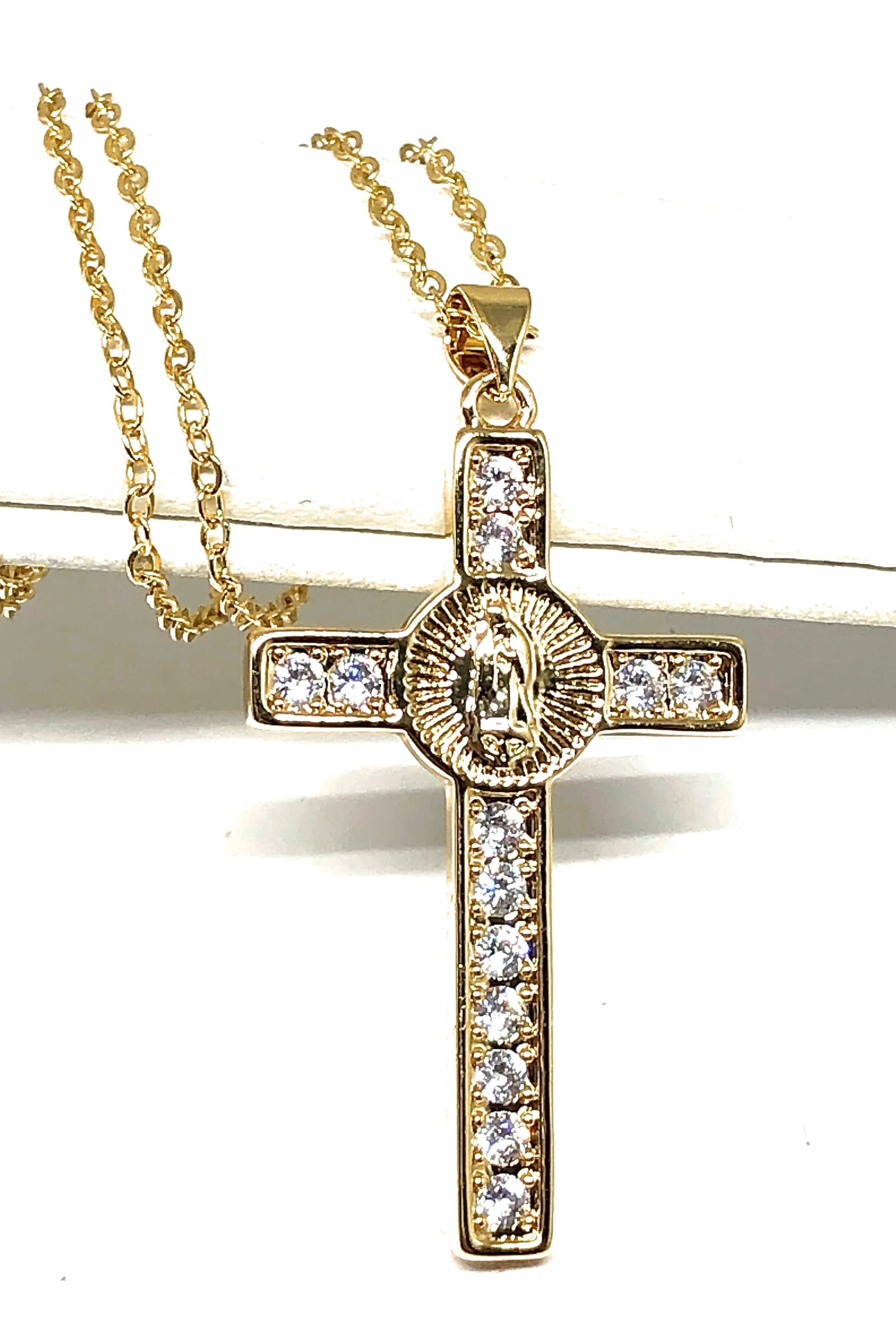 Gold Plated Cubic Zirconia Virgin Mary Cross 20” Chain Necklace Cruz
