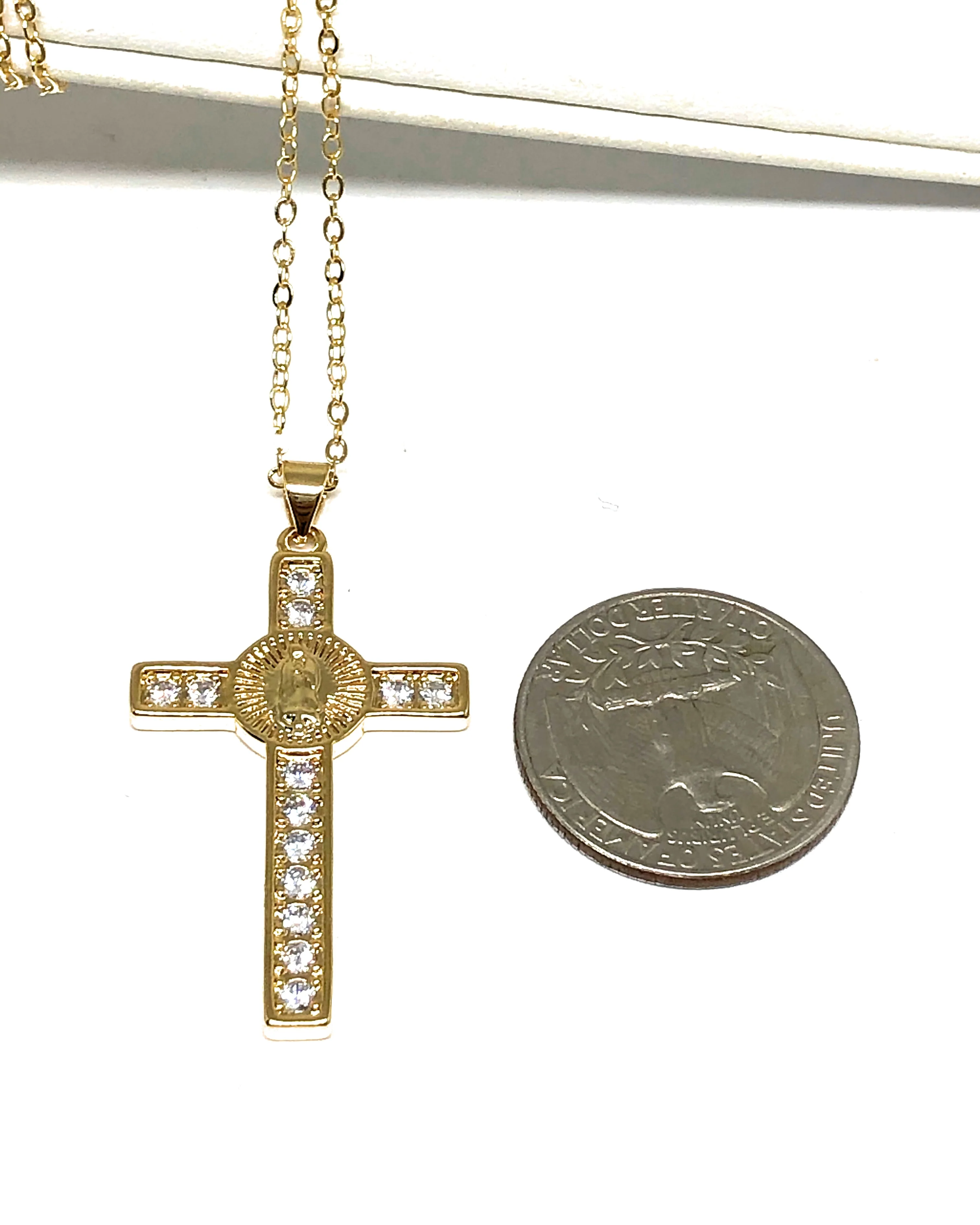 Gold Plated Cubic Zirconia Virgin Mary Cross 20” Chain Necklace Cruz - Image 2