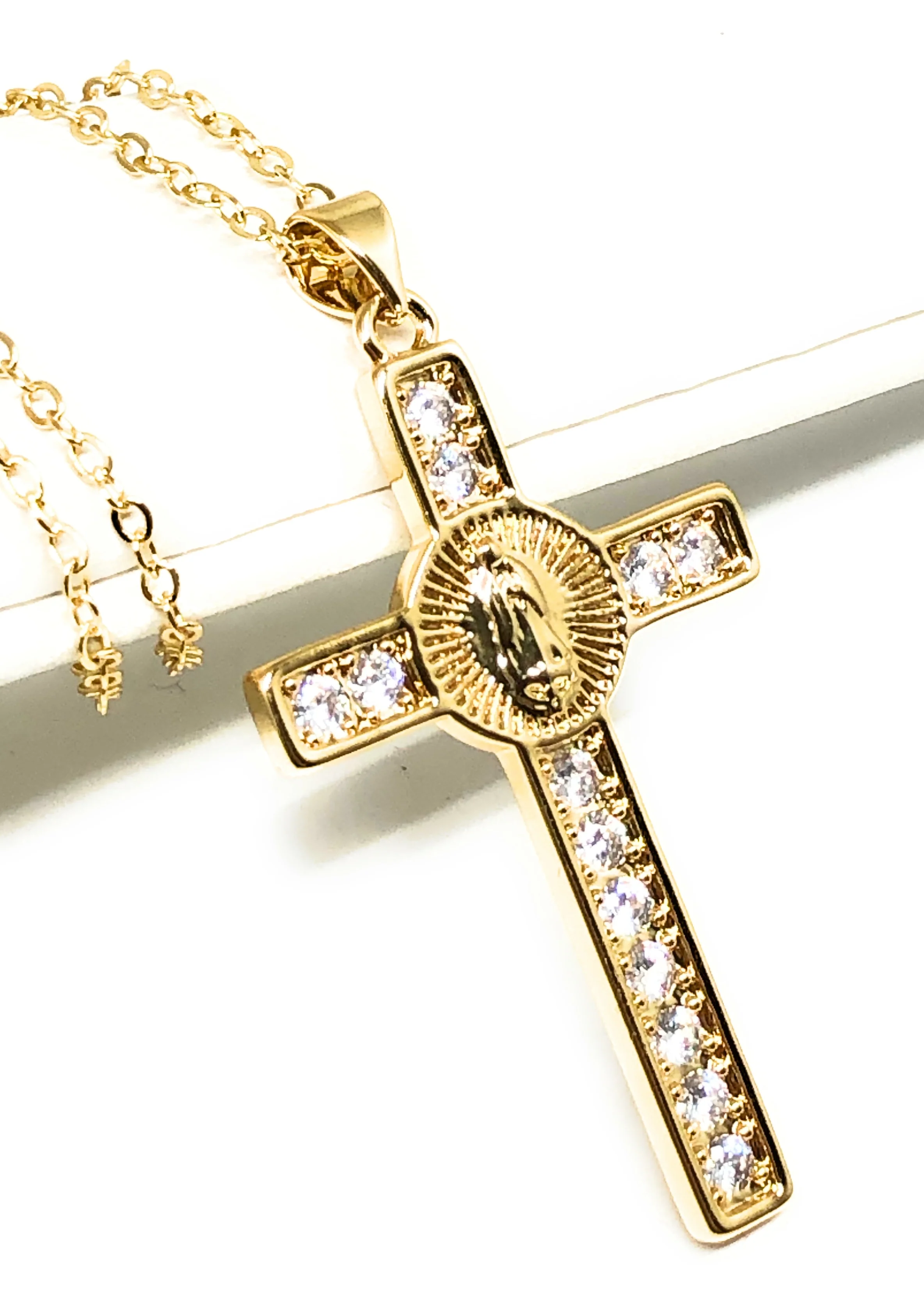 Gold Plated Cubic Zirconia Virgin Mary Cross 20” Chain Necklace Cruz - Image 3