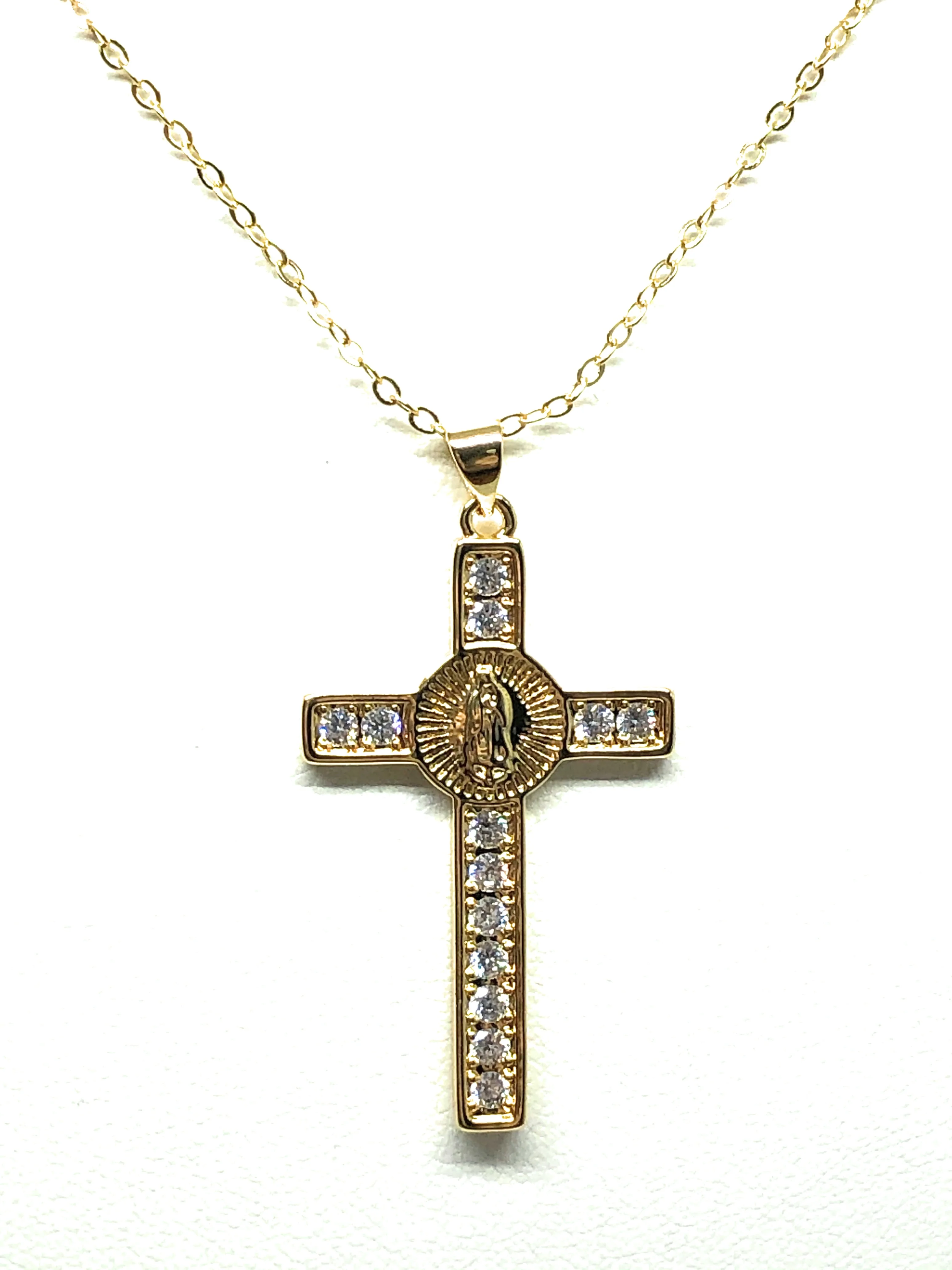 Gold Plated Cubic Zirconia Virgin Mary Cross 20” Chain Necklace Cruz - Image 4