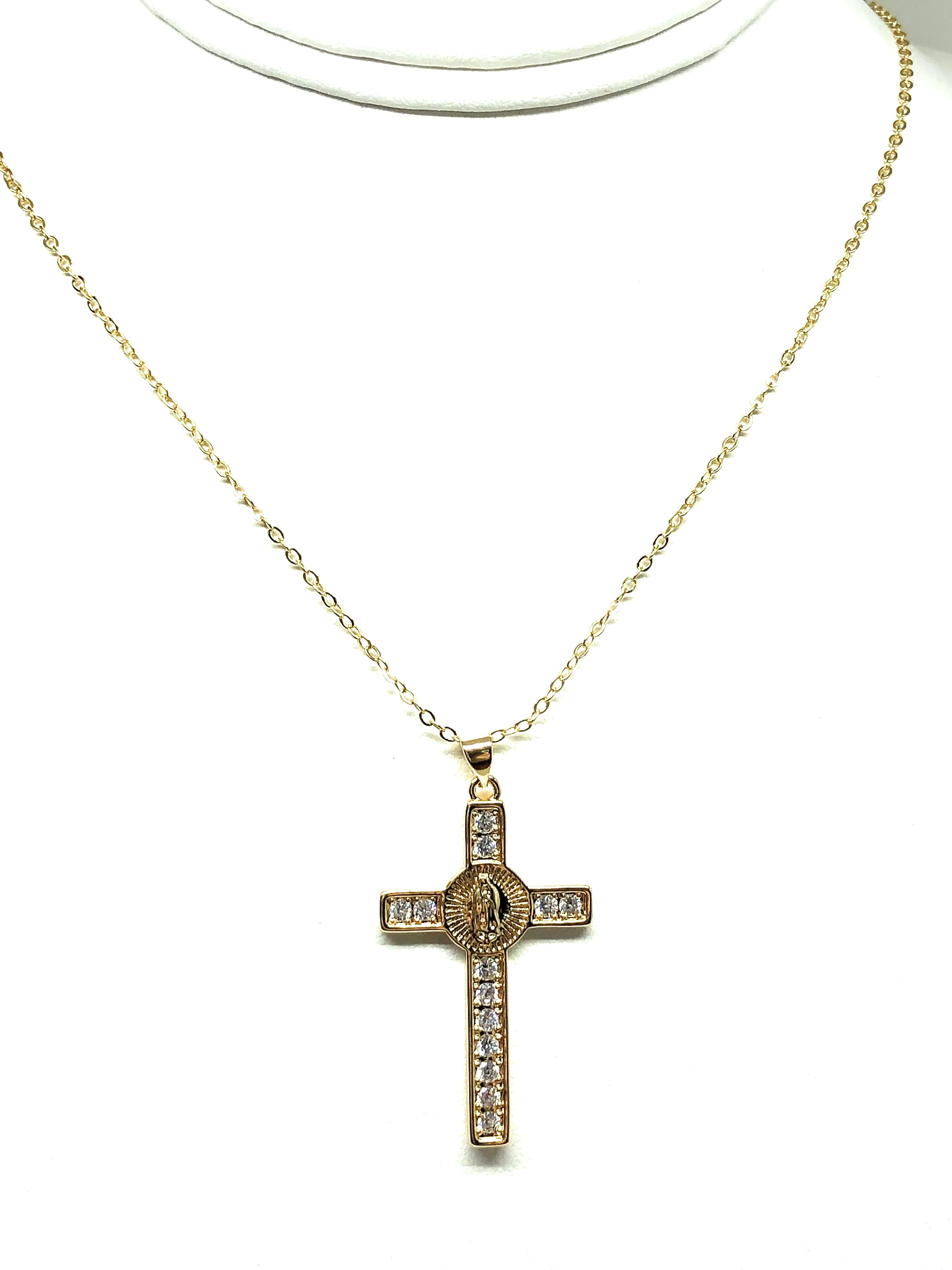 Gold Plated Cubic Zirconia Virgin Mary Cross 20” Chain Necklace Cruz - Image 5