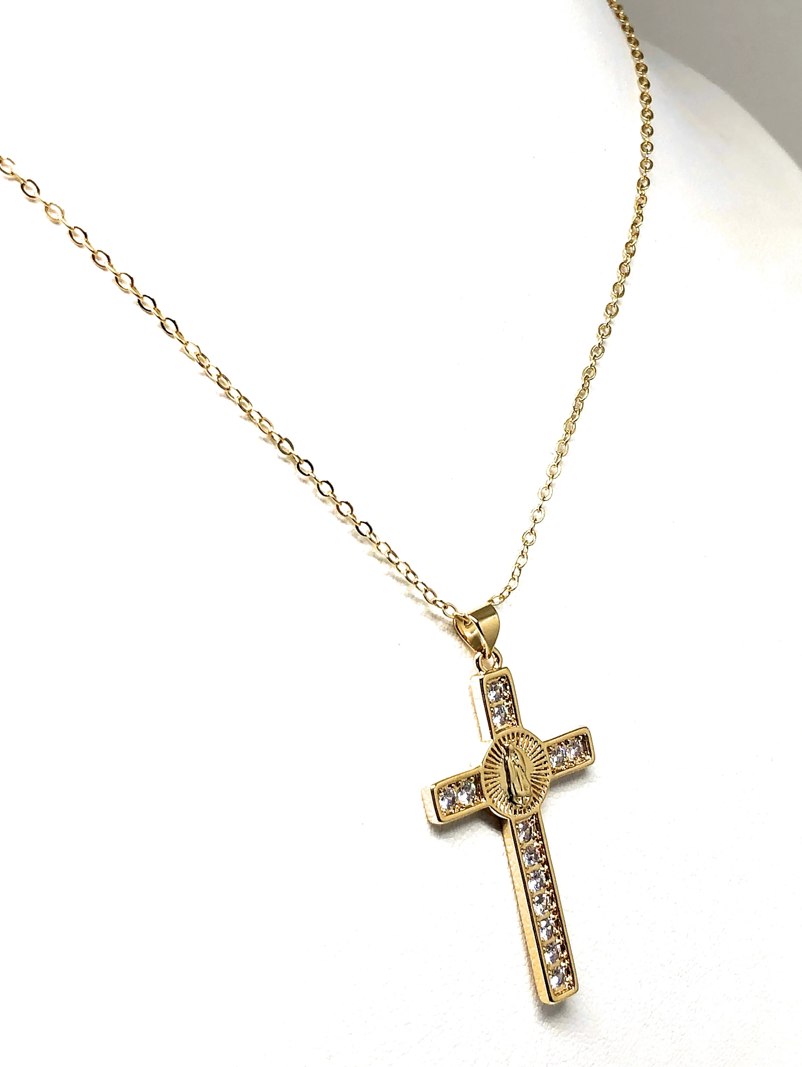 Gold Plated Cubic Zirconia Virgin Mary Cross 20” Chain Necklace Cruz - Image 6