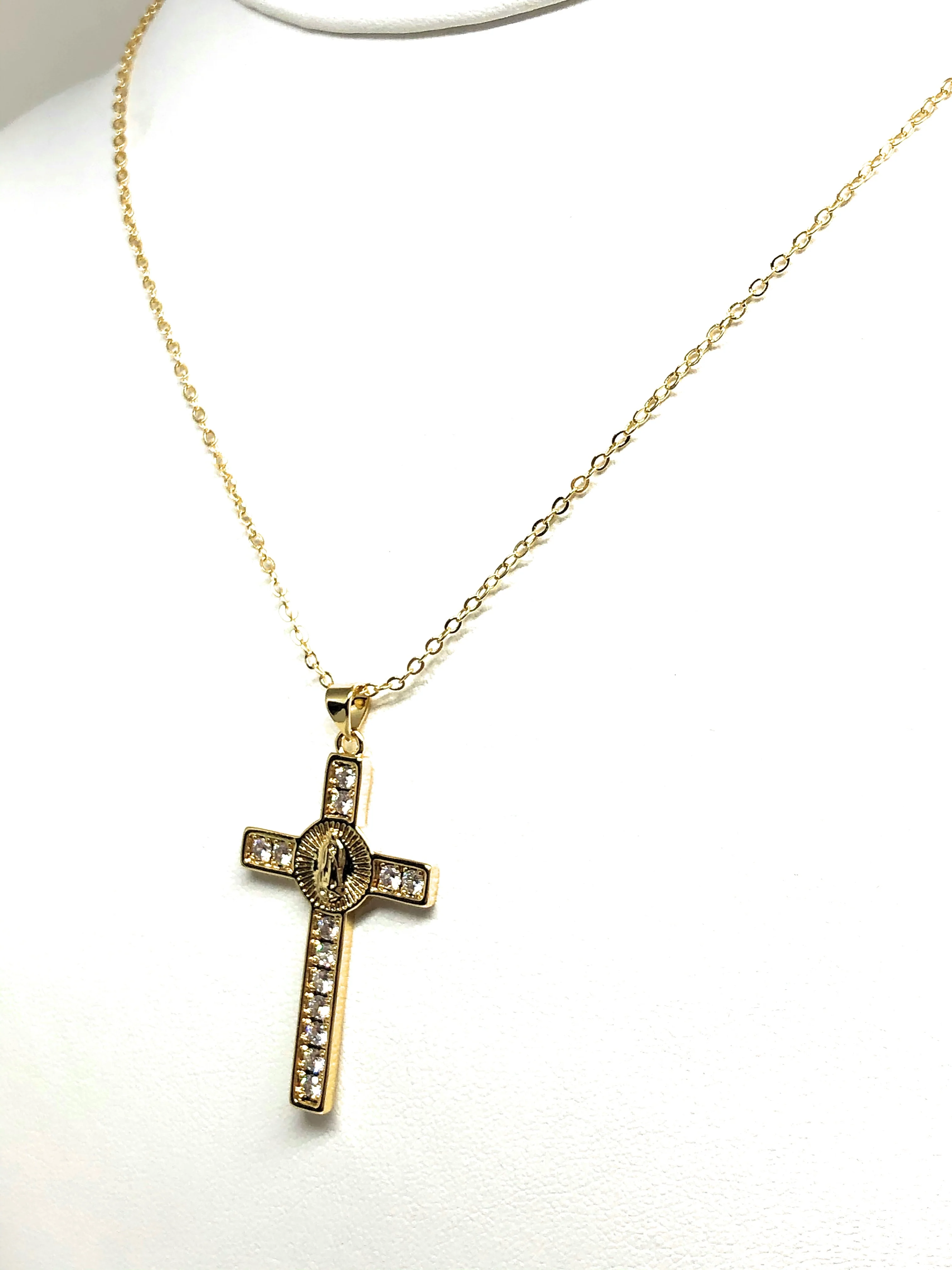 Gold Plated Cubic Zirconia Virgin Mary Cross 20” Chain Necklace Cruz - Image 7