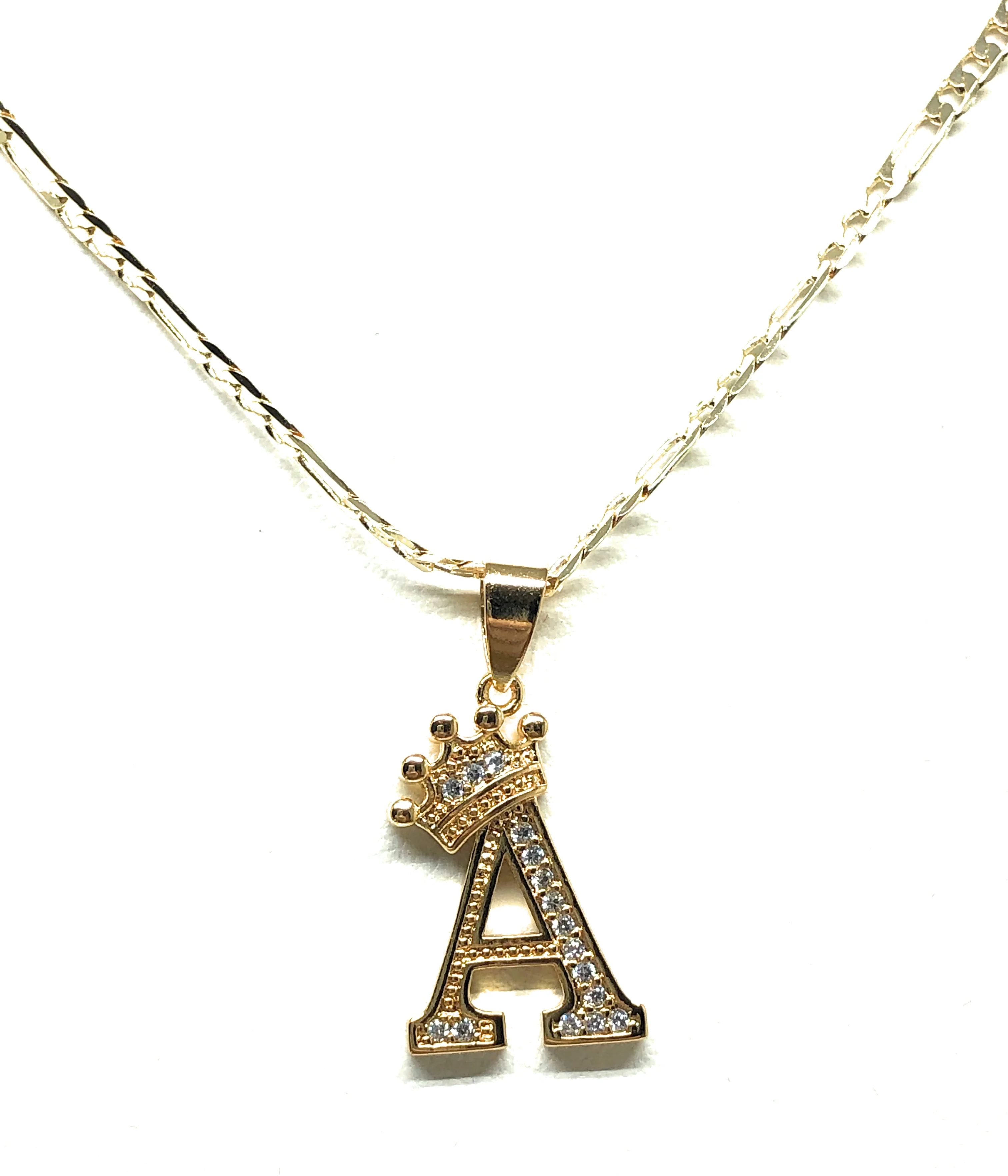 Gold Plated CUSTOMIZED CROWN CZ Initial Letter Pendant With Figaro Chain 24" 3mm - Image 4