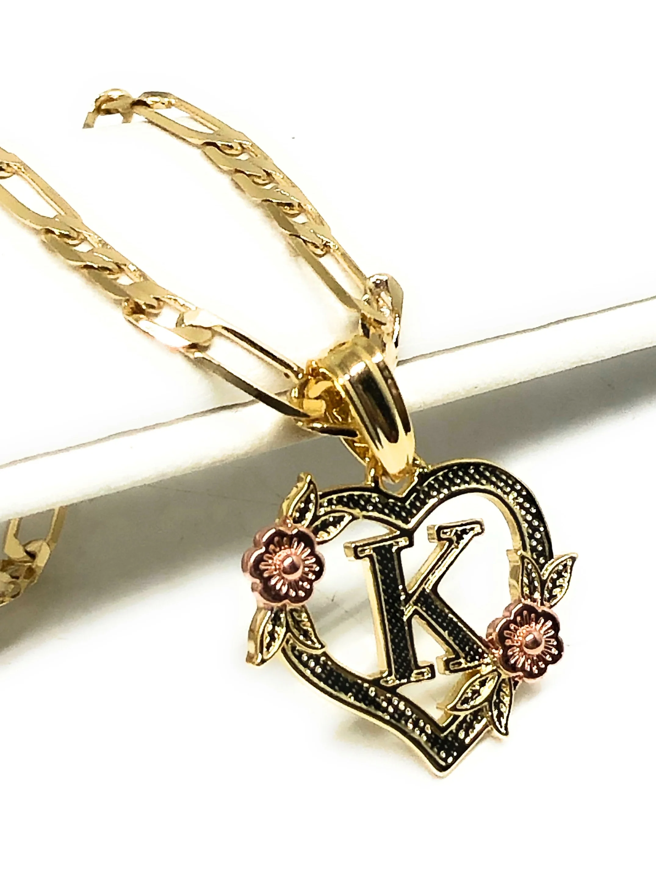 Gold Plated CUSTOMIZED Heart Flower Initial Letter Pendant With Figaro Chain 24" 4mm - Image 3