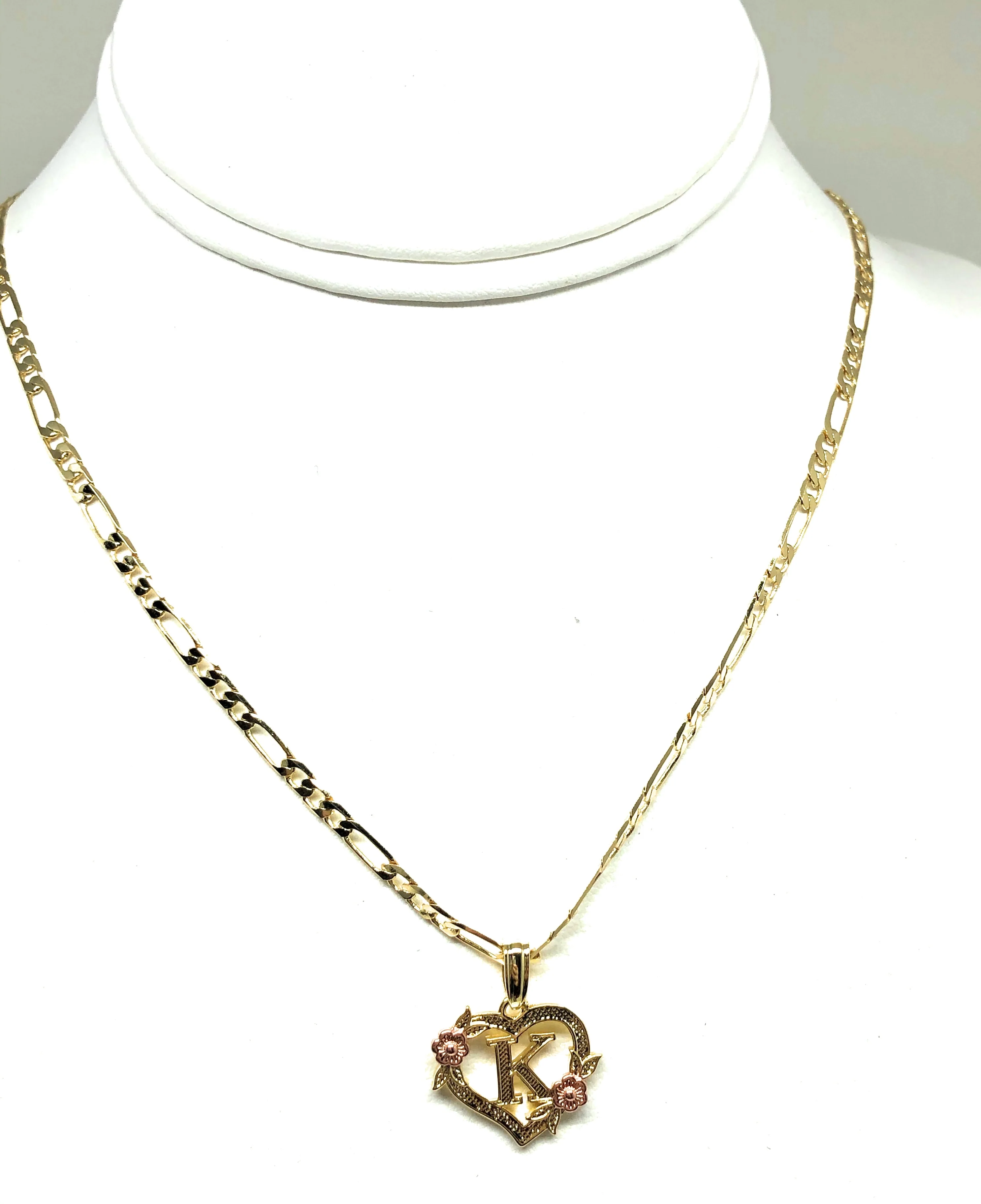 Gold Plated CUSTOMIZED Heart Flower Initial Letter Pendant With Figaro Chain 24" 4mm - Image 4