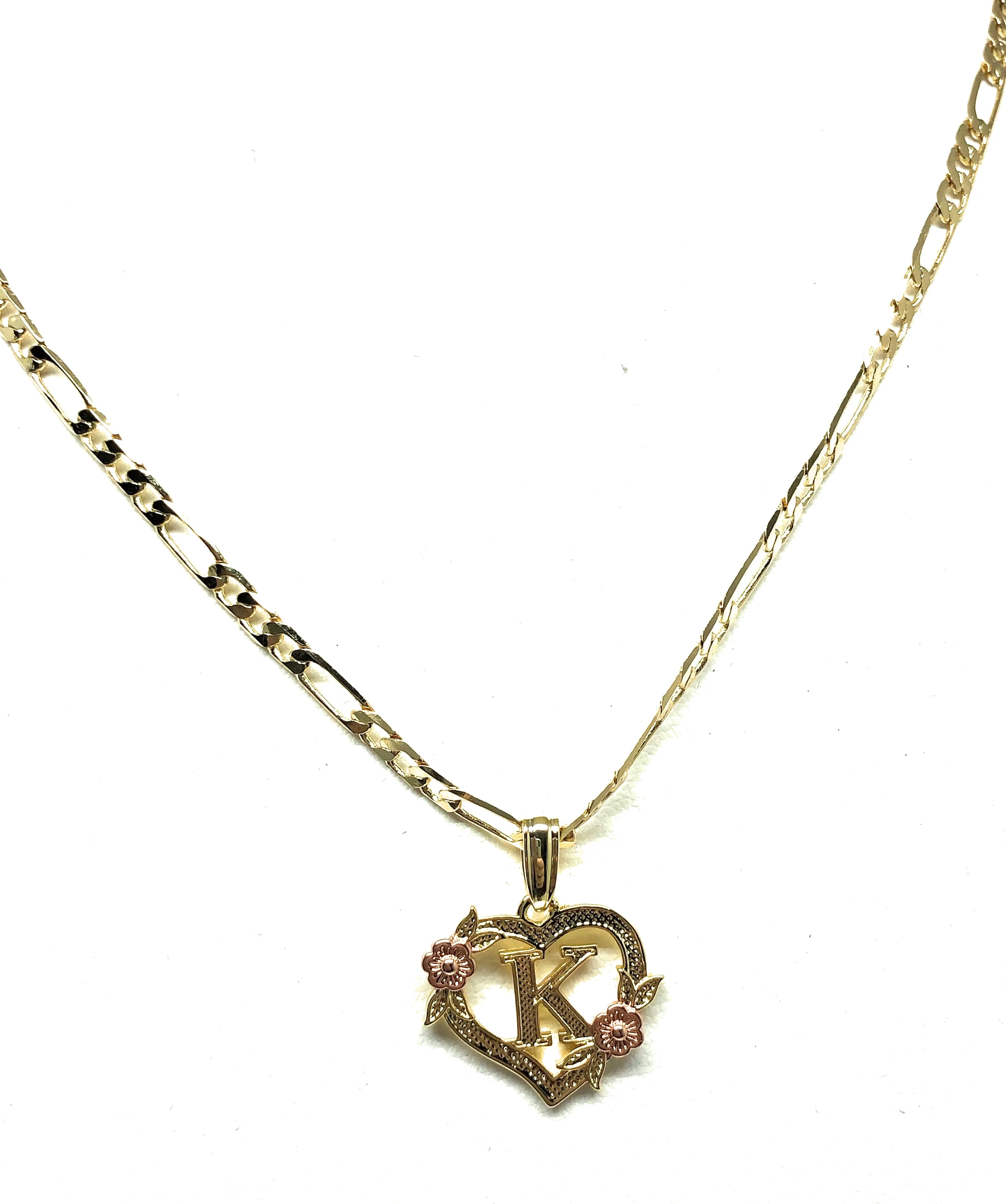 Gold Plated CUSTOMIZED Heart Flower Initial Letter Pendant With Figaro Chain 24" 4mm - Image 5