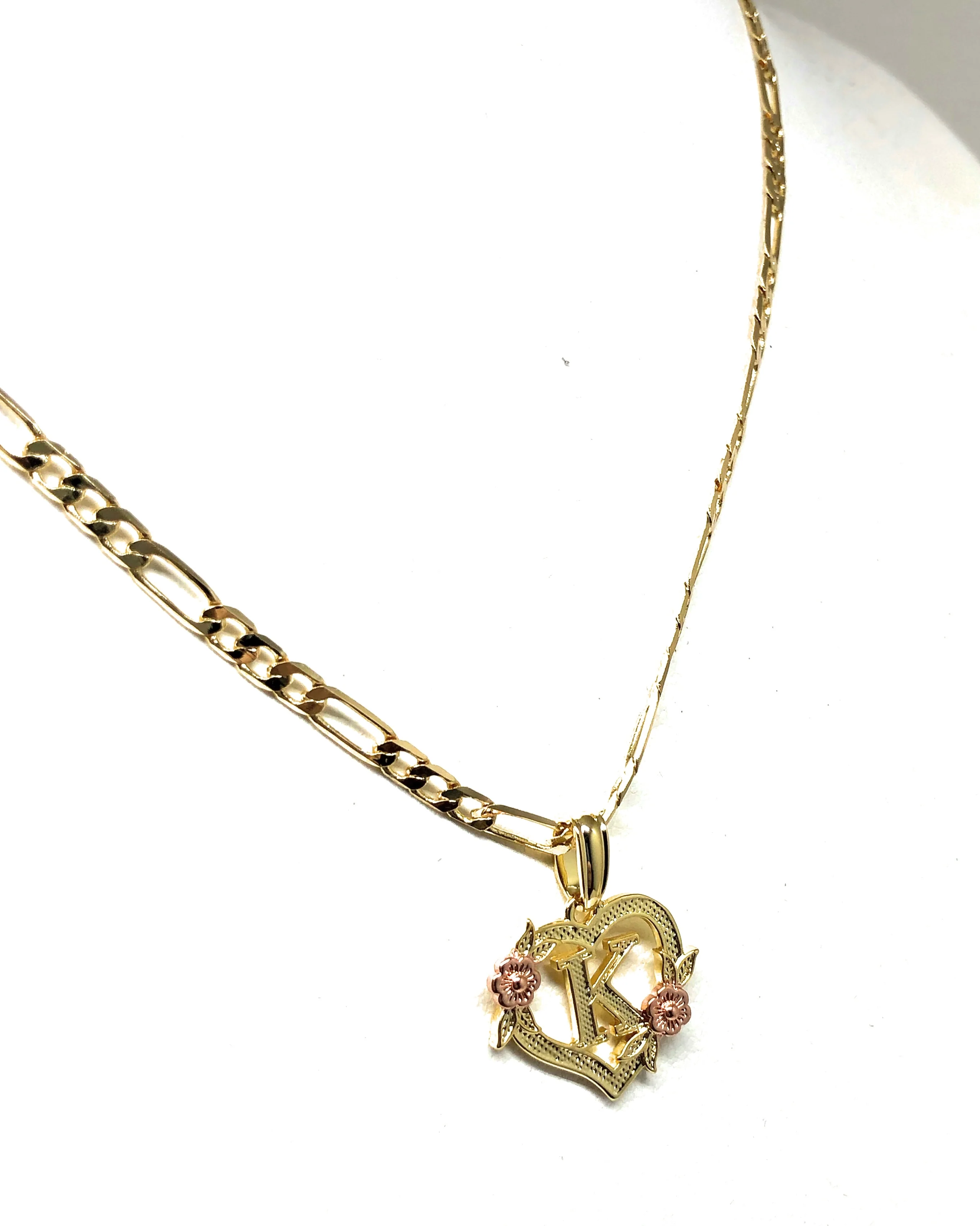 Gold Plated CUSTOMIZED Heart Flower Initial Letter Pendant With Figaro Chain 24" 4mm - Image 7