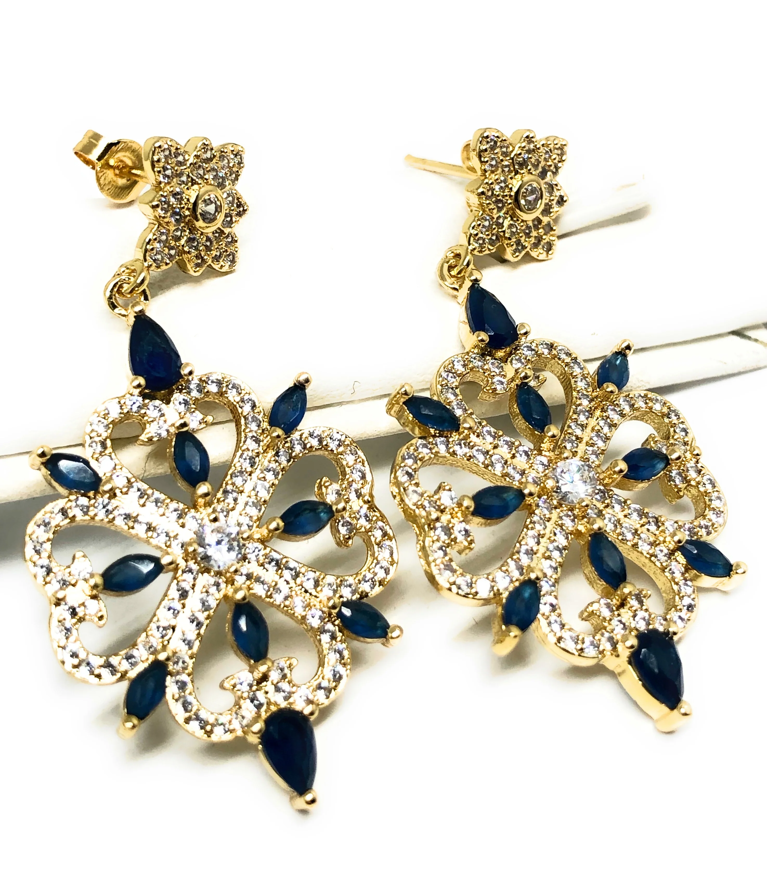 Gold Plated CZ 4 Heart Chandelier Dangle Earrings Aretes - Image 2