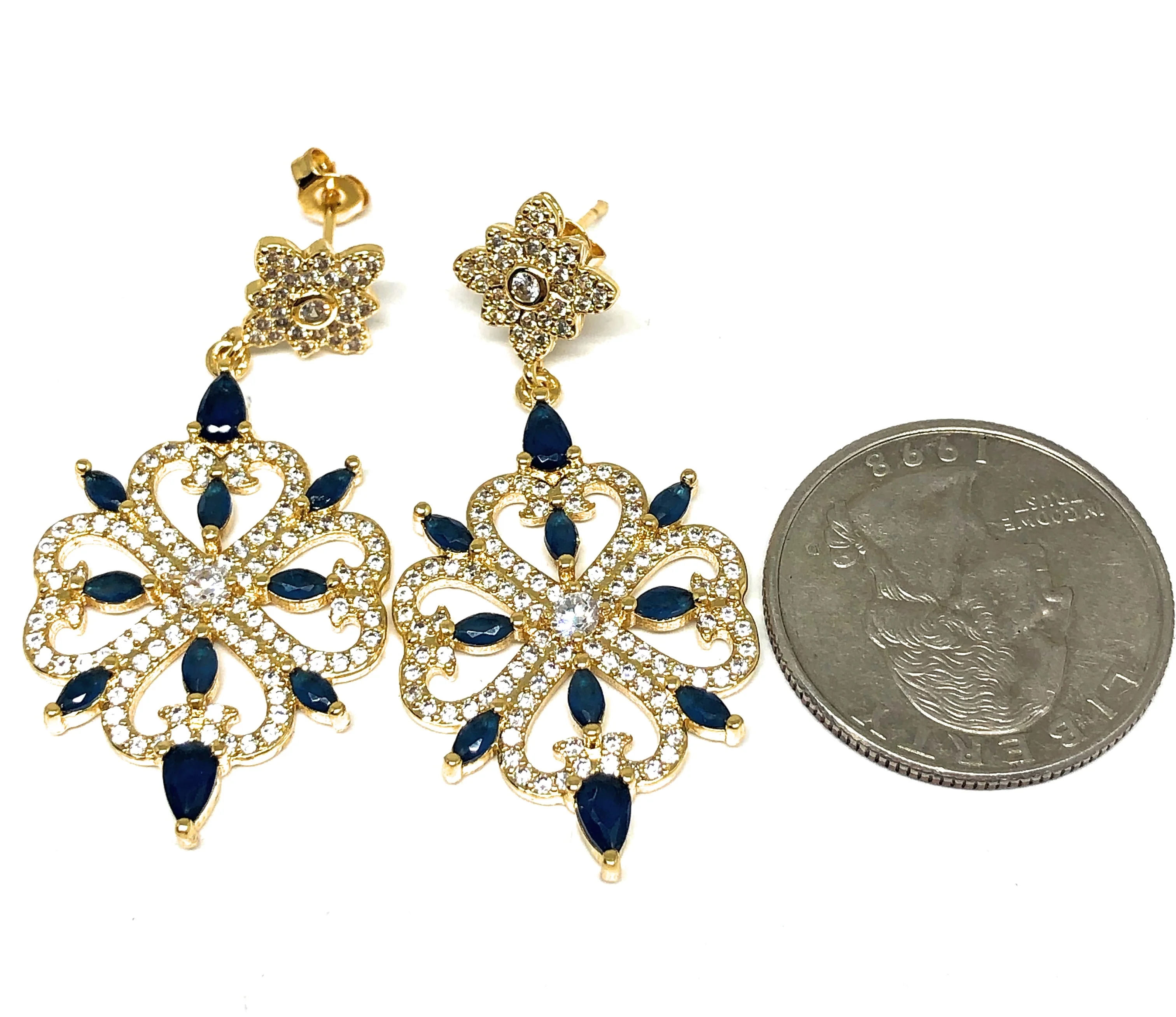 Gold Plated CZ 4 Heart Chandelier Dangle Earrings Aretes - Image 3