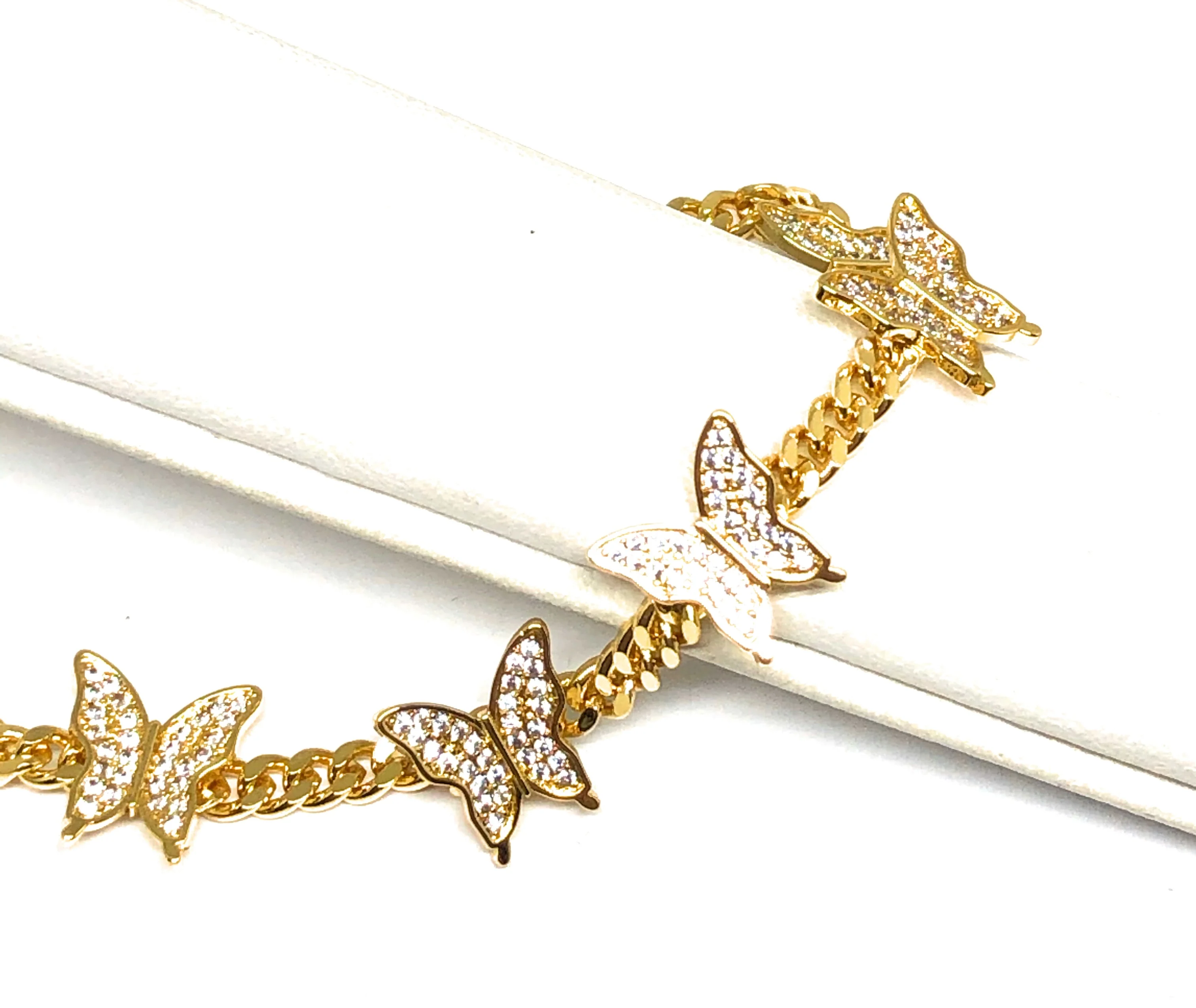 Gold Plated CZ Butterfly Charm Miami Cuban Link Bracelet 7-9 inch adjustable - Image 2
