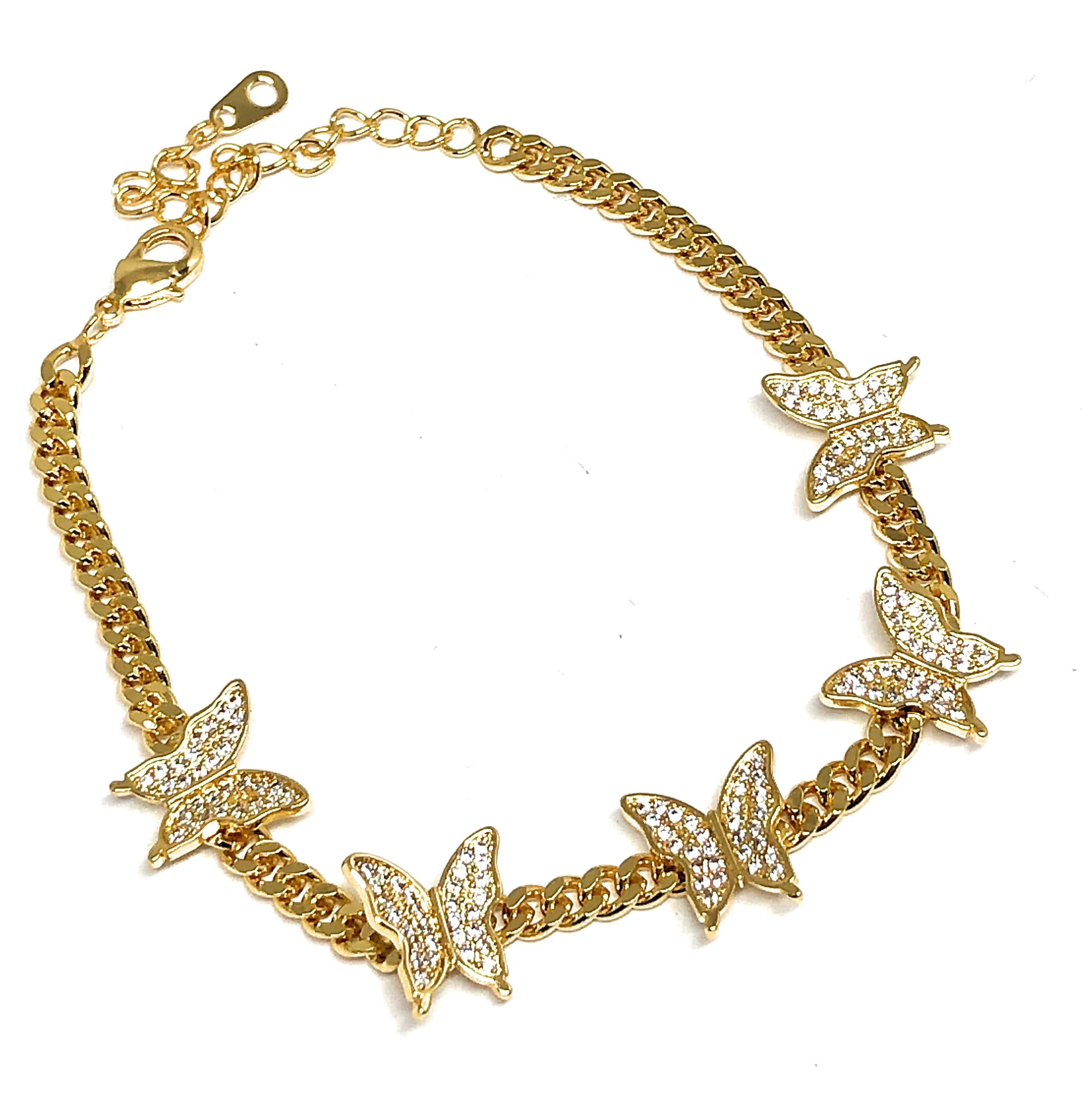 Gold Plated CZ Butterfly Charm Miami Cuban Link Bracelet 7-9 inch adjustable - Image 3