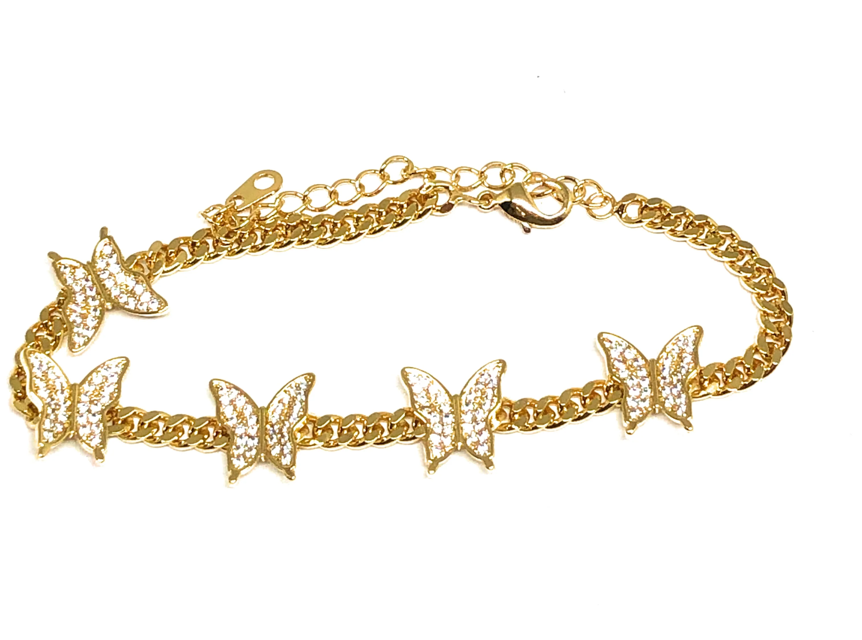 Gold Plated CZ Butterfly Charm Miami Cuban Link Bracelet 7-9 inch adjustable - Image 4