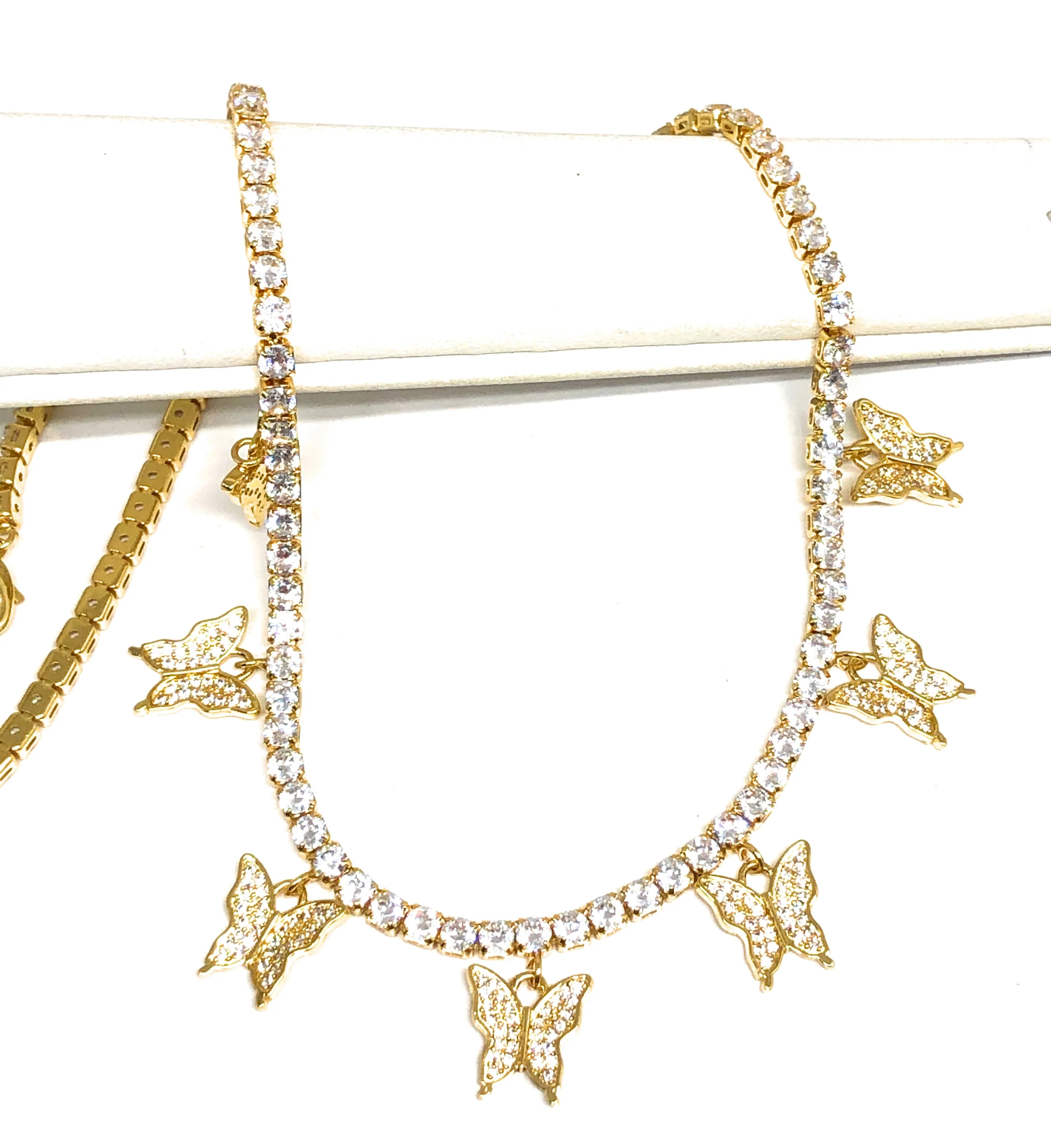 Gold Plated CZ Butterfly Charm Tennis CZ Chain Necklace 18"