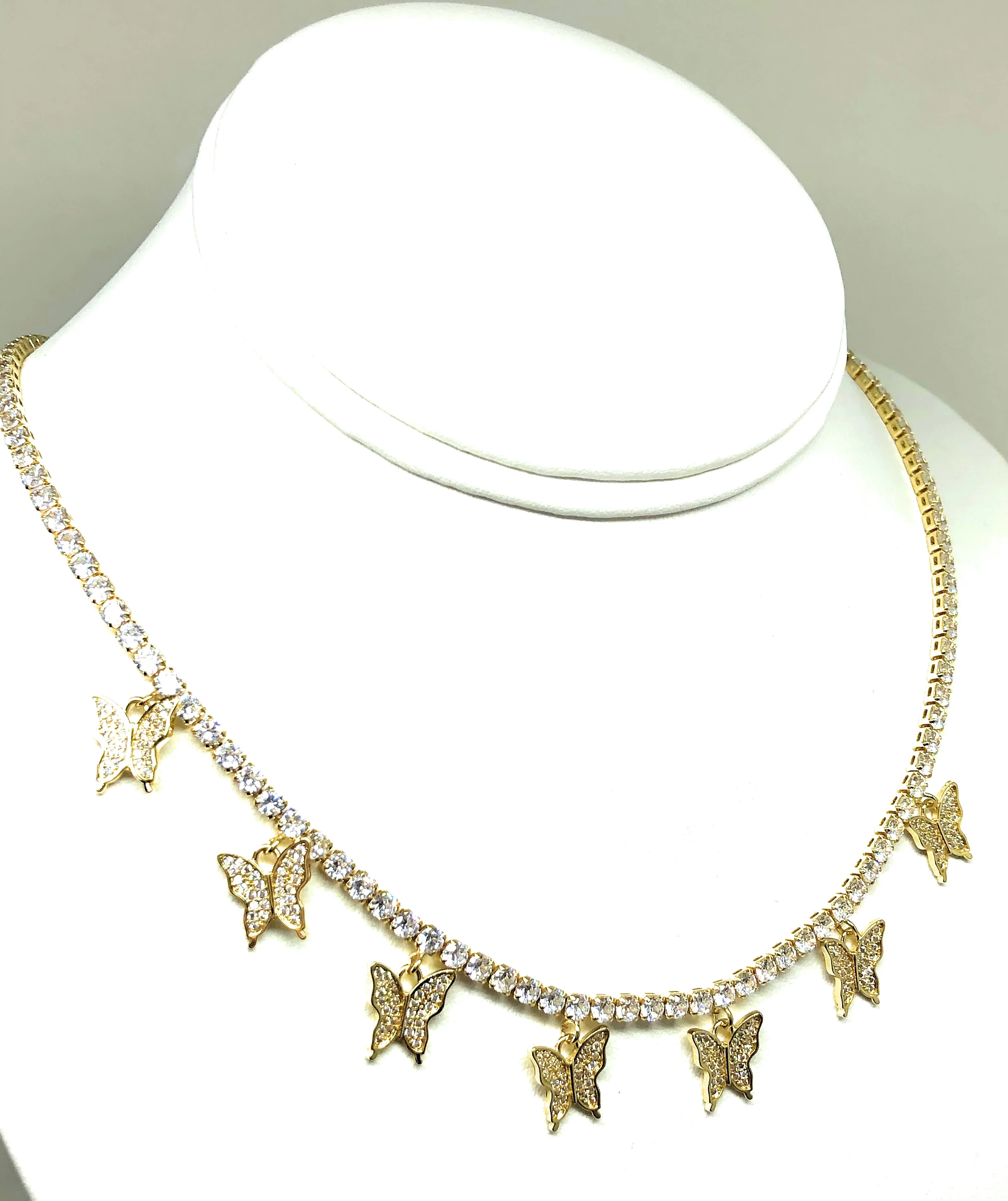 Gold Plated CZ Butterfly Charm Tennis CZ Chain Necklace 18" - Image 4