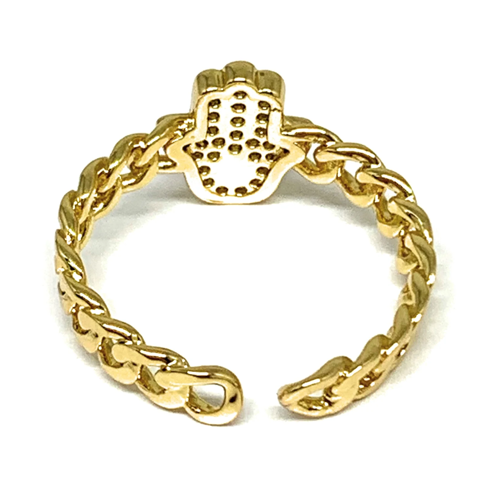 Gold Plated CZ Hamsa Hand Eye Adjustable Ring Anillo - Image 2