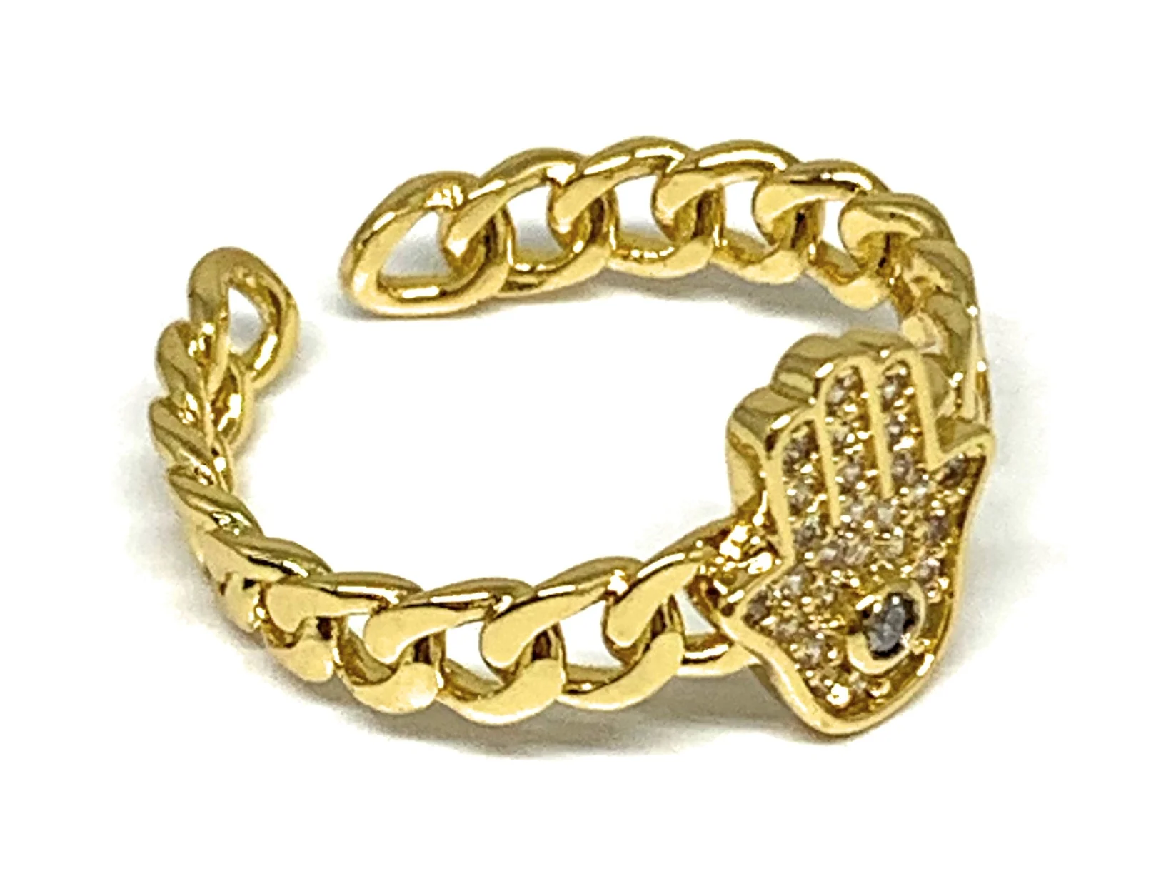 Gold Plated CZ Hamsa Hand Eye Adjustable Ring Anillo - Image 3