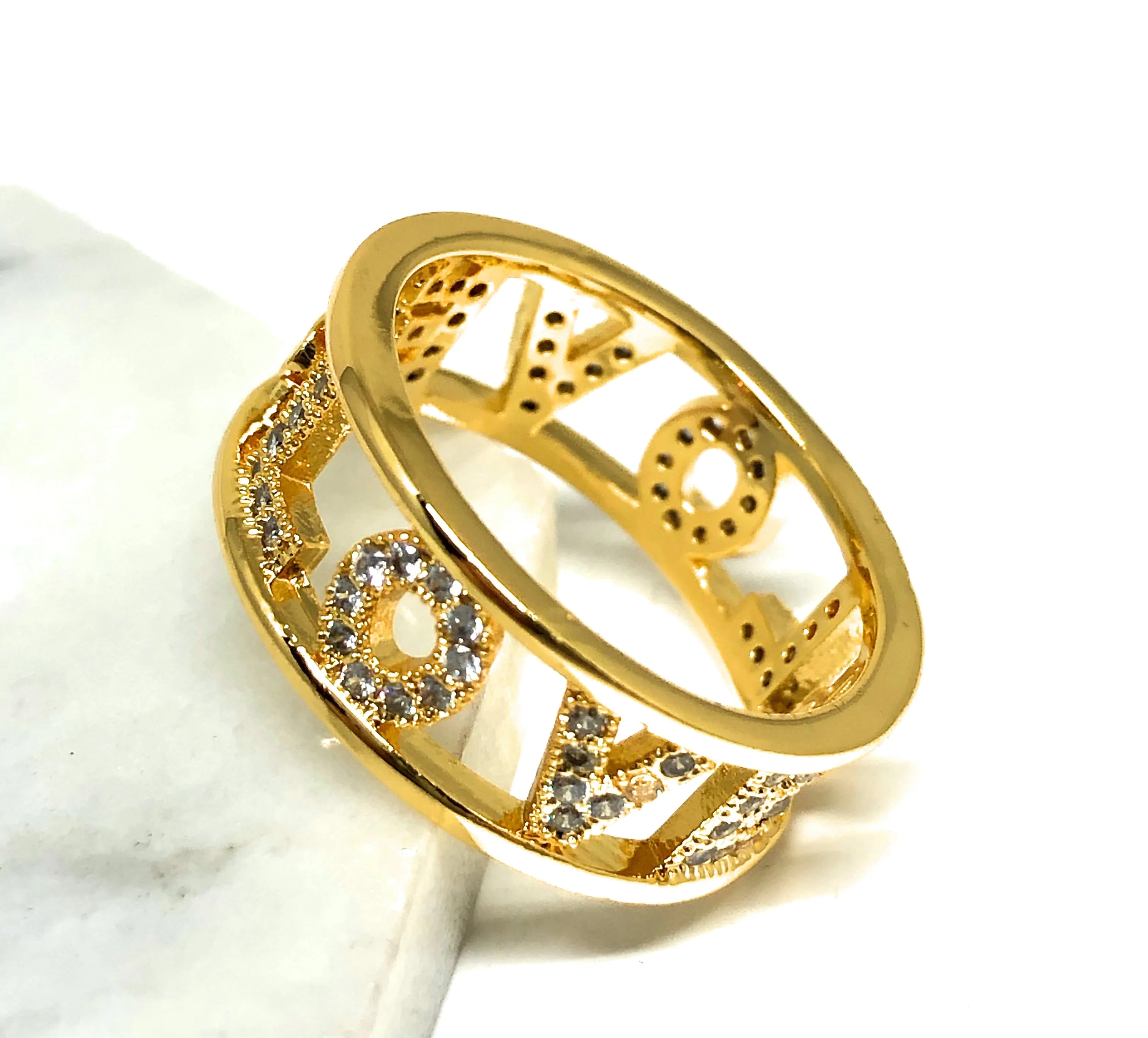 Gold Plated CZ LOVE Ring Anillo AMOR