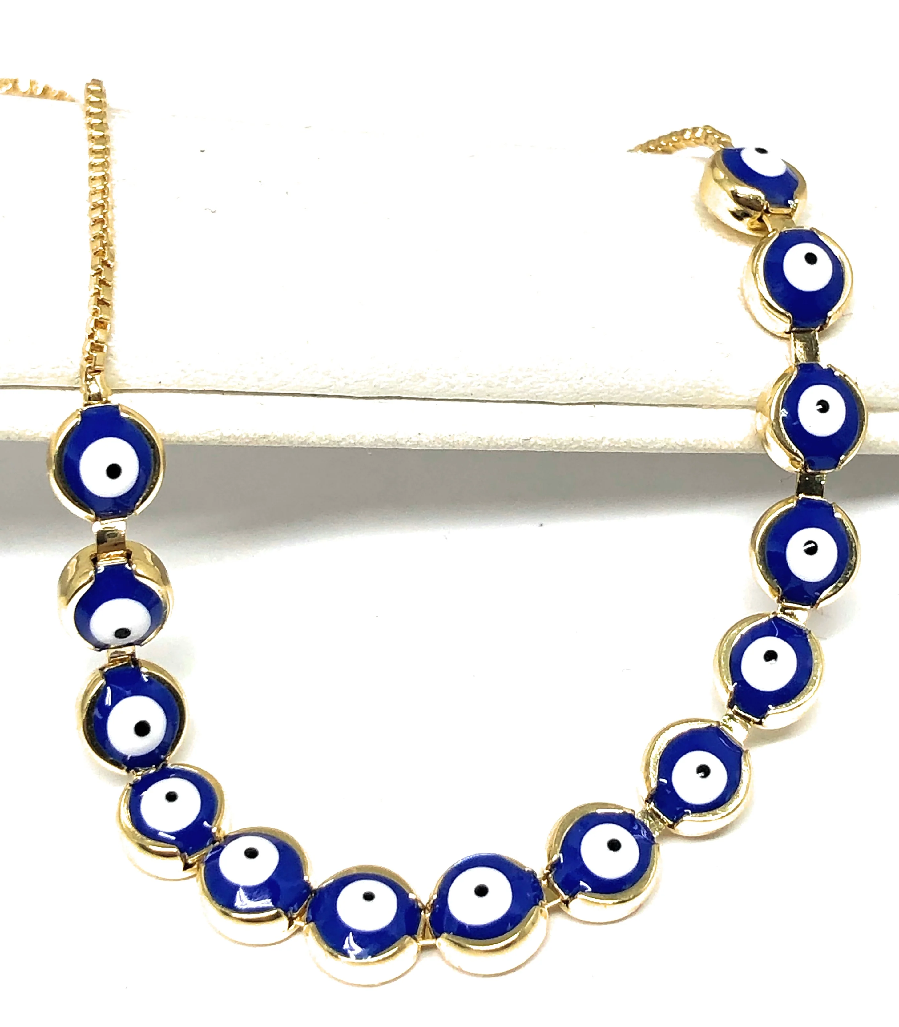 Gold Plated Evil Eye BLUE Bracelet 8-10 inch - Image 2