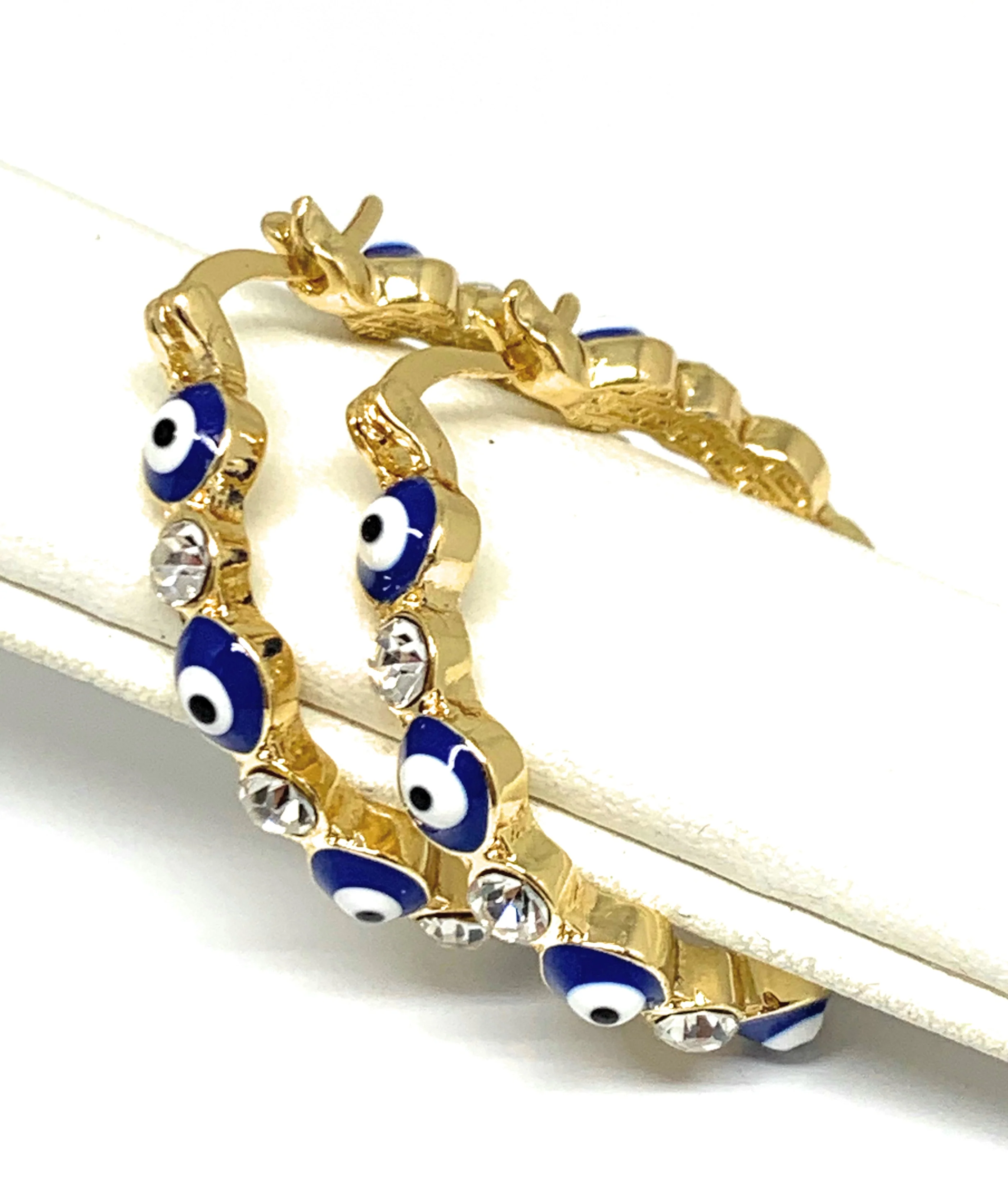 Gold Plated Evil Eye BLUE Hoop Earrings Aretes Arracadas (1.25 INCH) - Image 2