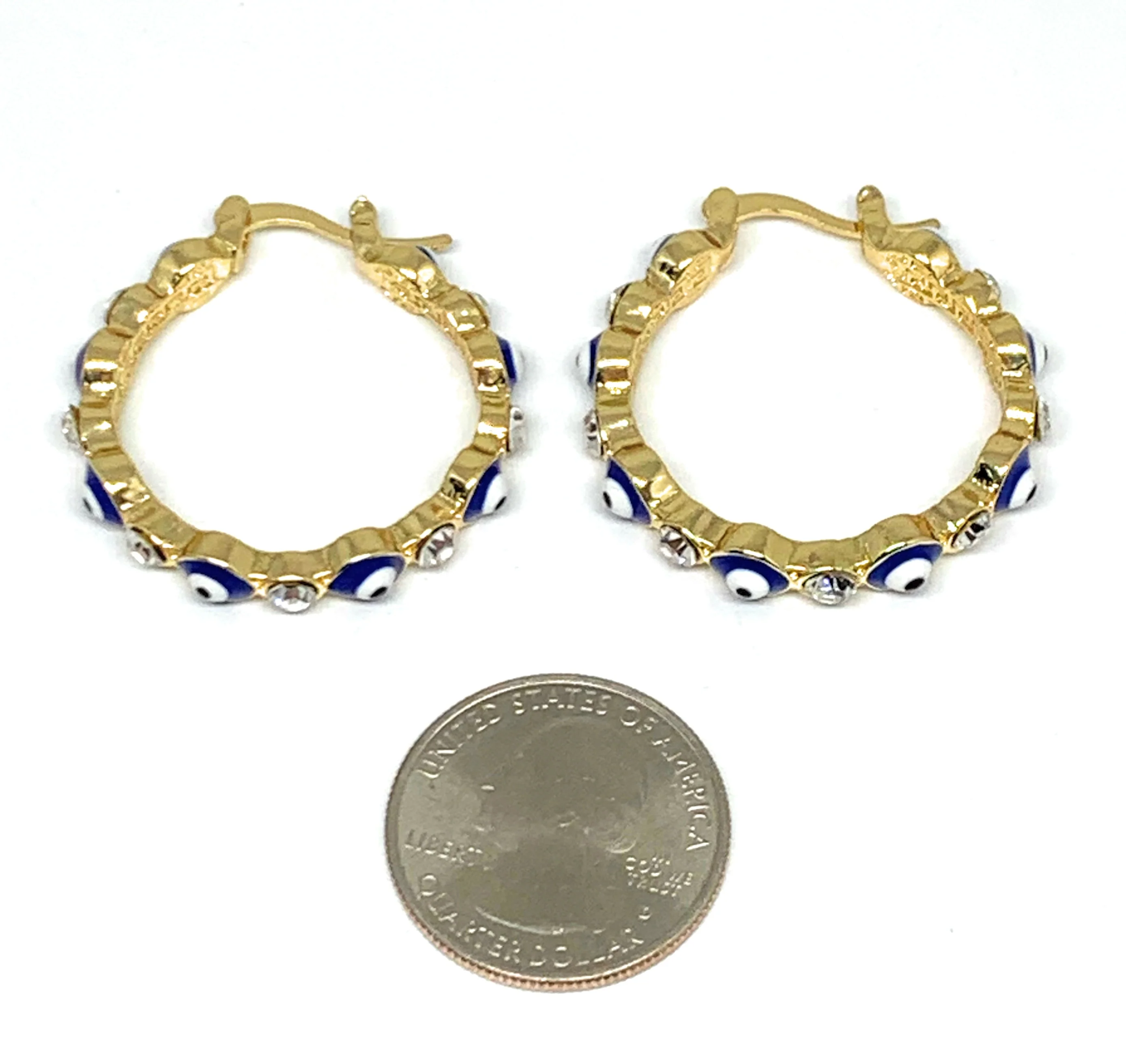 Gold Plated Evil Eye BLUE Hoop Earrings Aretes Arracadas (1.25 INCH) - Image 3