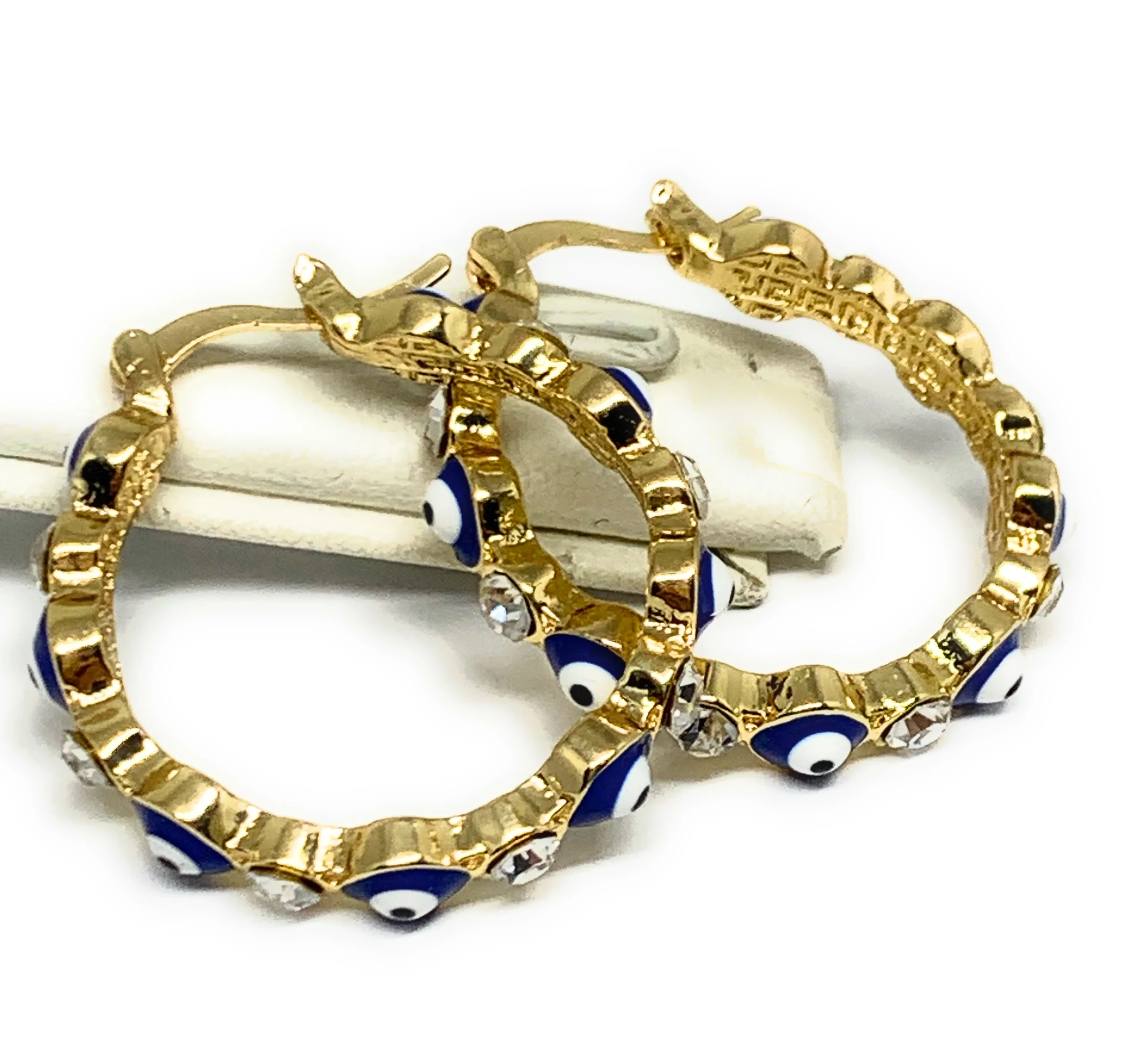 Gold Plated Evil Eye BLUE Hoop Earrings Aretes Arracadas (1.25 INCH) - Image 4