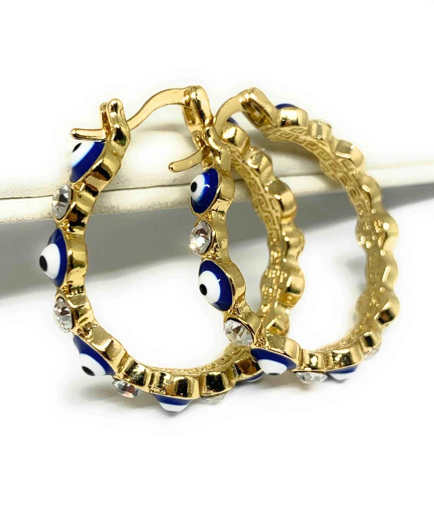 Gold Plated Evil Eye BLUE Hoop Earrings Aretes Arracadas (1.25 INCH) - Image 5