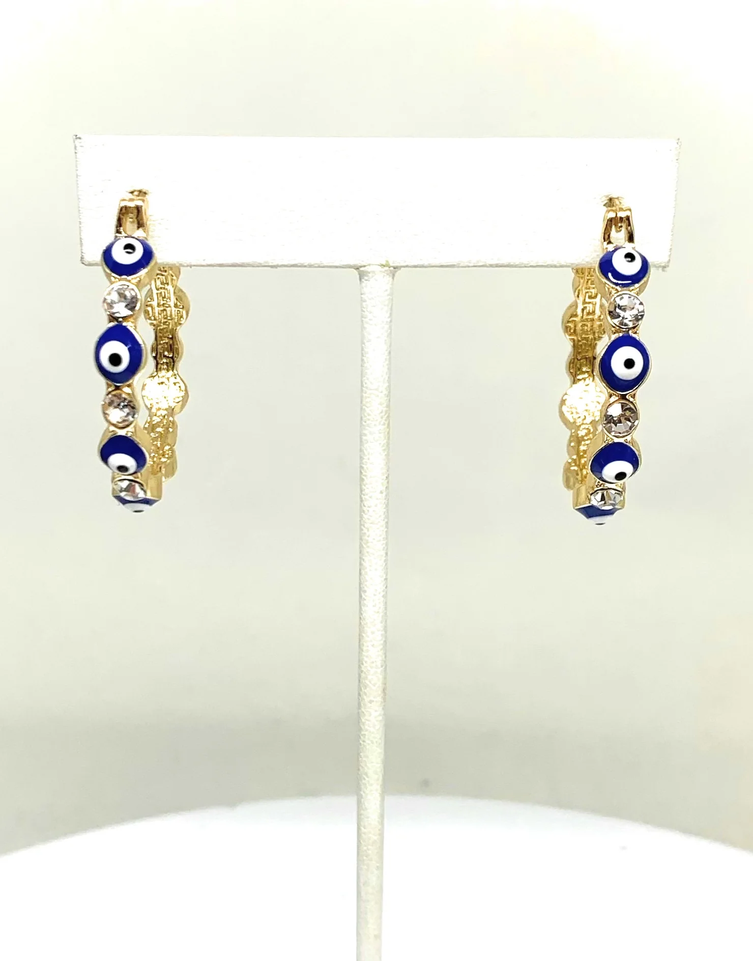 Gold Plated Evil Eye BLUE Hoop Earrings Aretes Arracadas (1.25 INCH) - Image 6