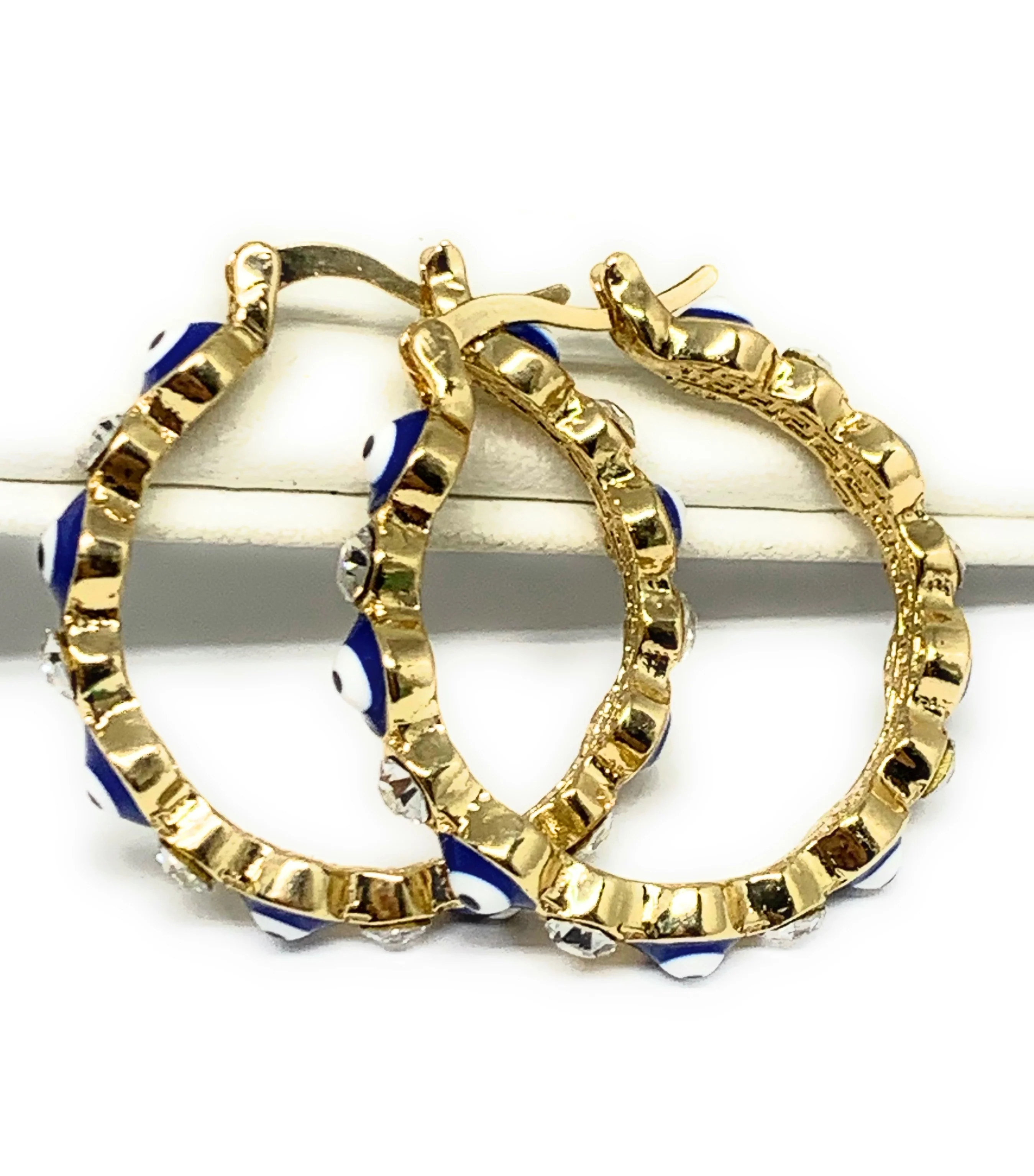 Gold Plated Evil Eye BLUE Hoop Earrings Aretes Arracadas (1.25 INCH) - Image 7