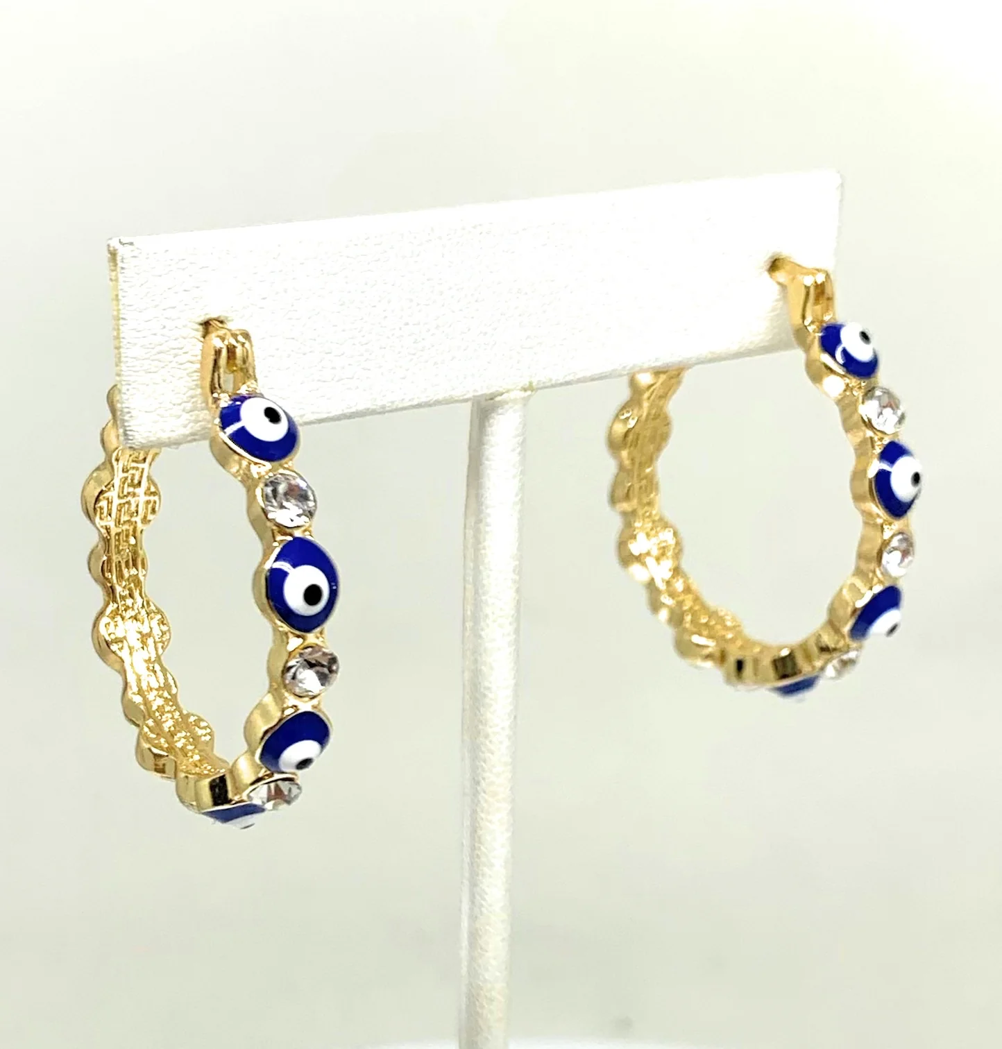 Gold Plated Evil Eye BLUE Hoop Earrings Aretes Arracadas (1.25 INCH) - Image 8