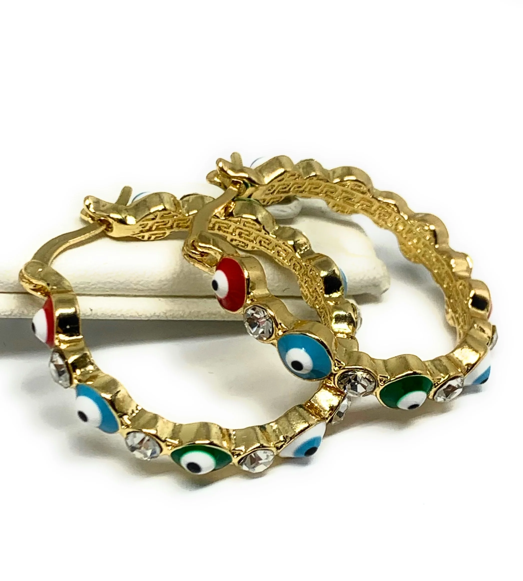 Gold Plated Evil Eye MULTI-COLOR Hoop Earrings Aretes Arracadas (1.25 INCH) - Image 4