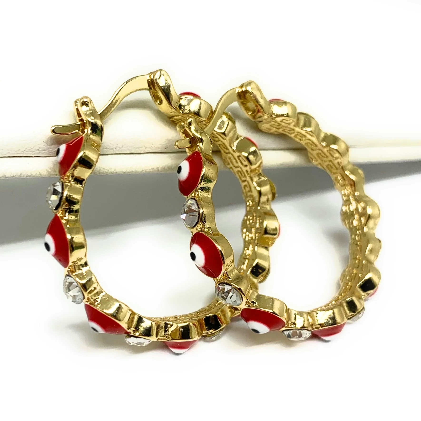 Gold Plated Evil Eye RED Hoop Earrings Aretes Arracadas (1.25 INCH) - Image 2