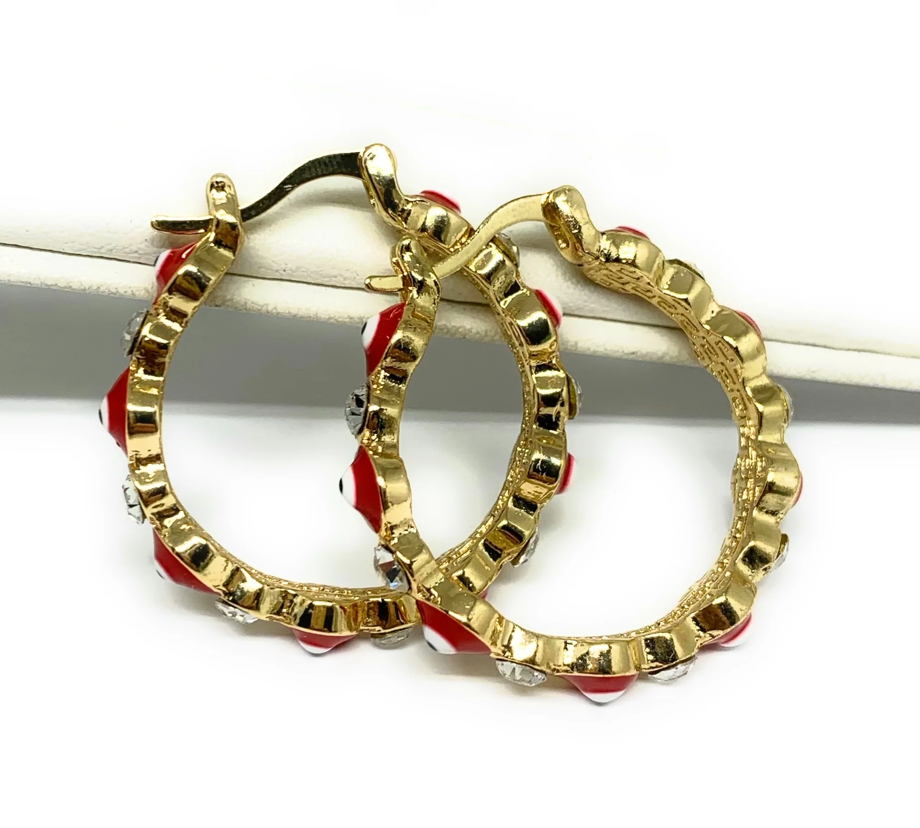 Gold Plated Evil Eye RED Hoop Earrings Aretes Arracadas (1.25 INCH) - Image 3