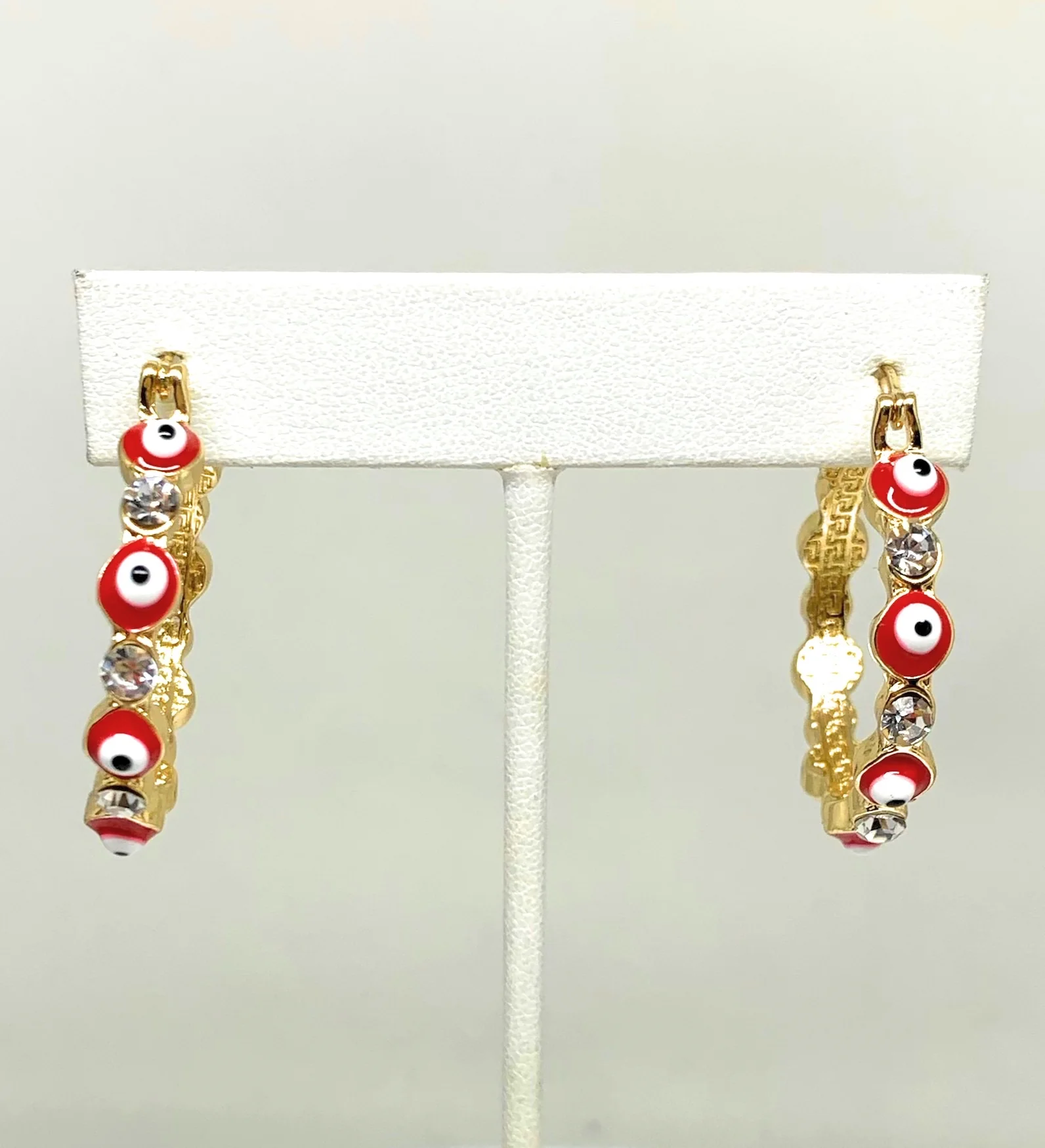 Gold Plated Evil Eye RED Hoop Earrings Aretes Arracadas (1.25 INCH) - Image 5