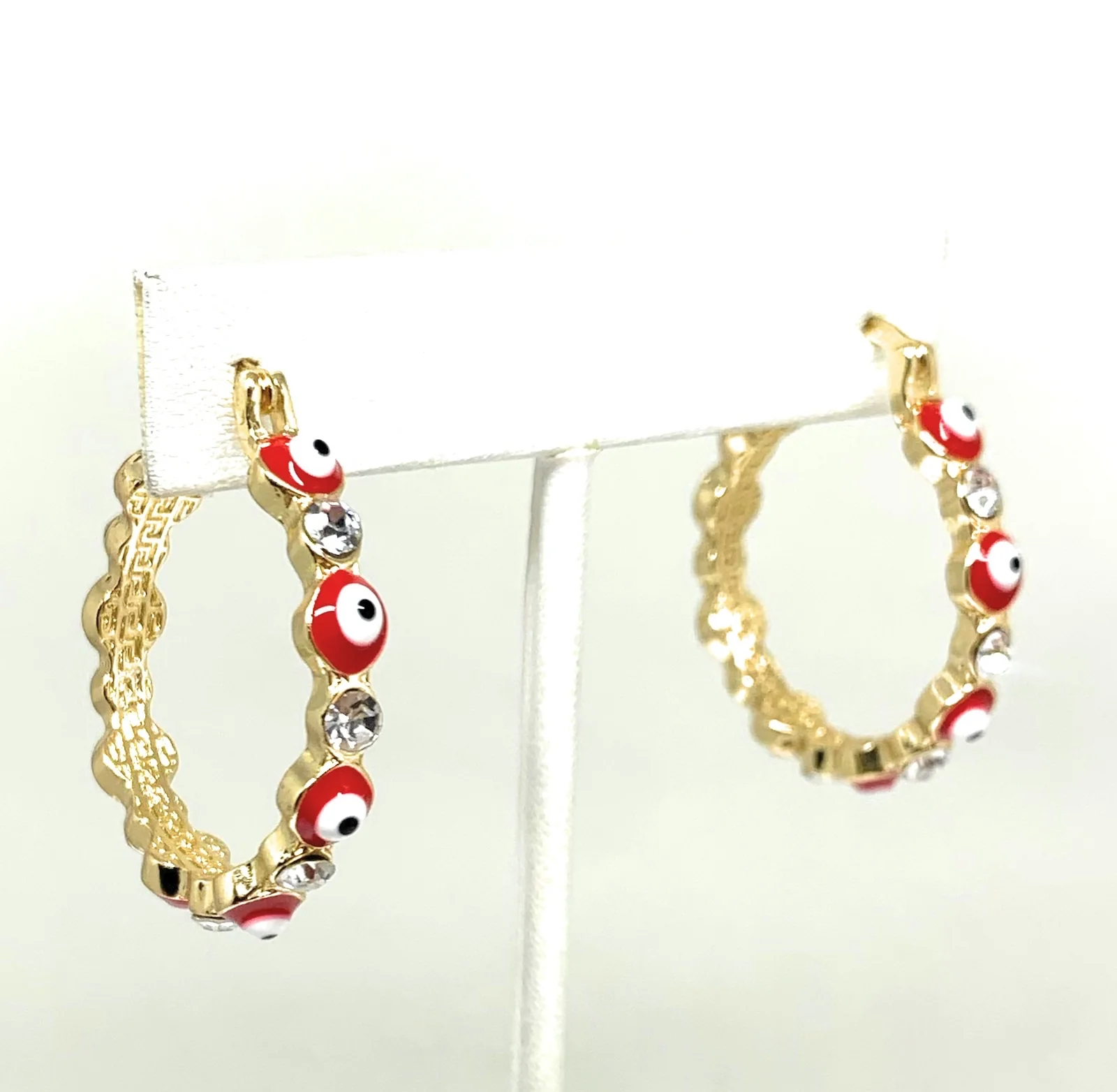 Gold Plated Evil Eye RED Hoop Earrings Aretes Arracadas (1.25 INCH) - Image 6