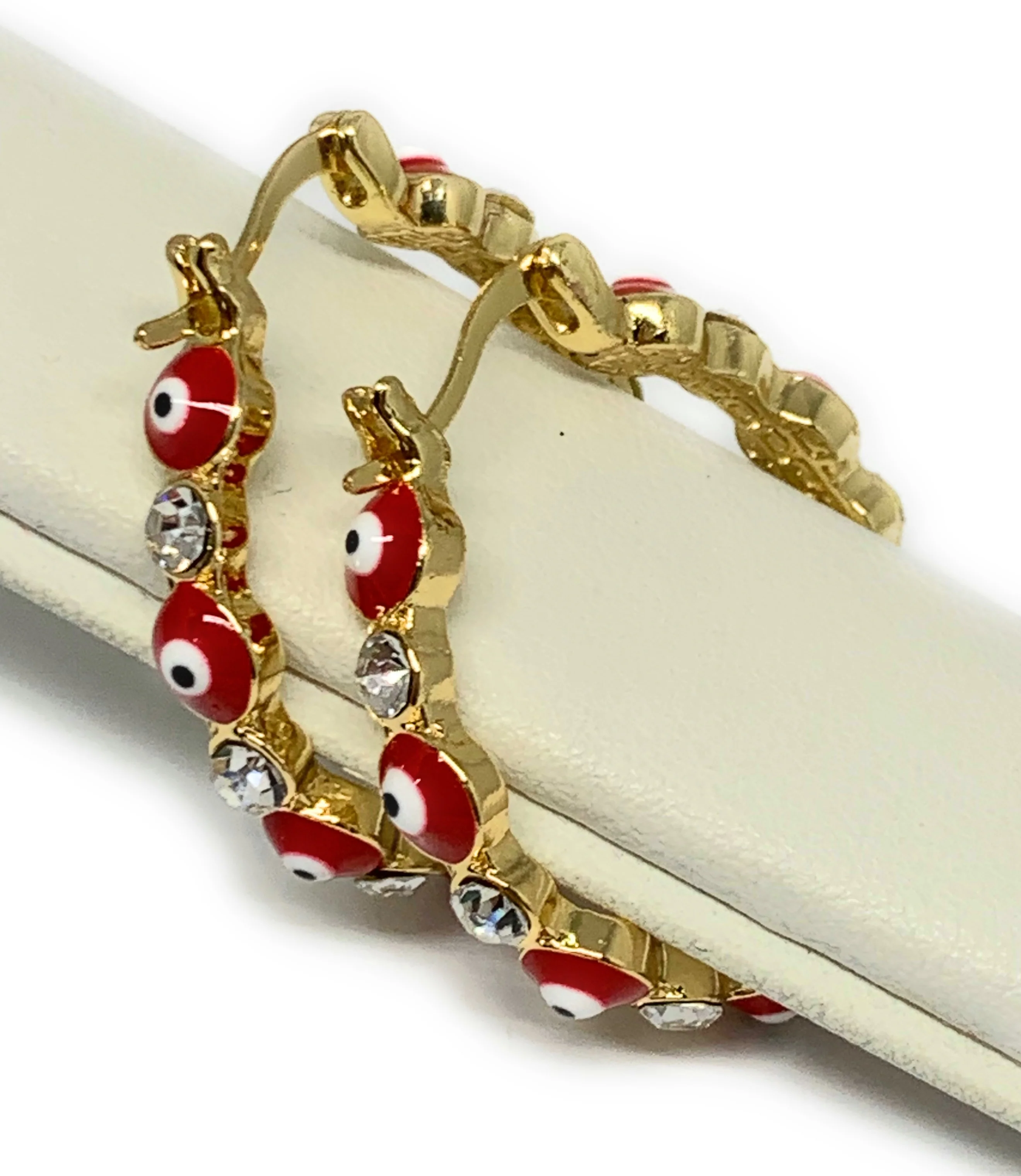 Gold Plated Evil Eye RED Hoop Earrings Aretes Arracadas (1.25 INCH) - Image 7