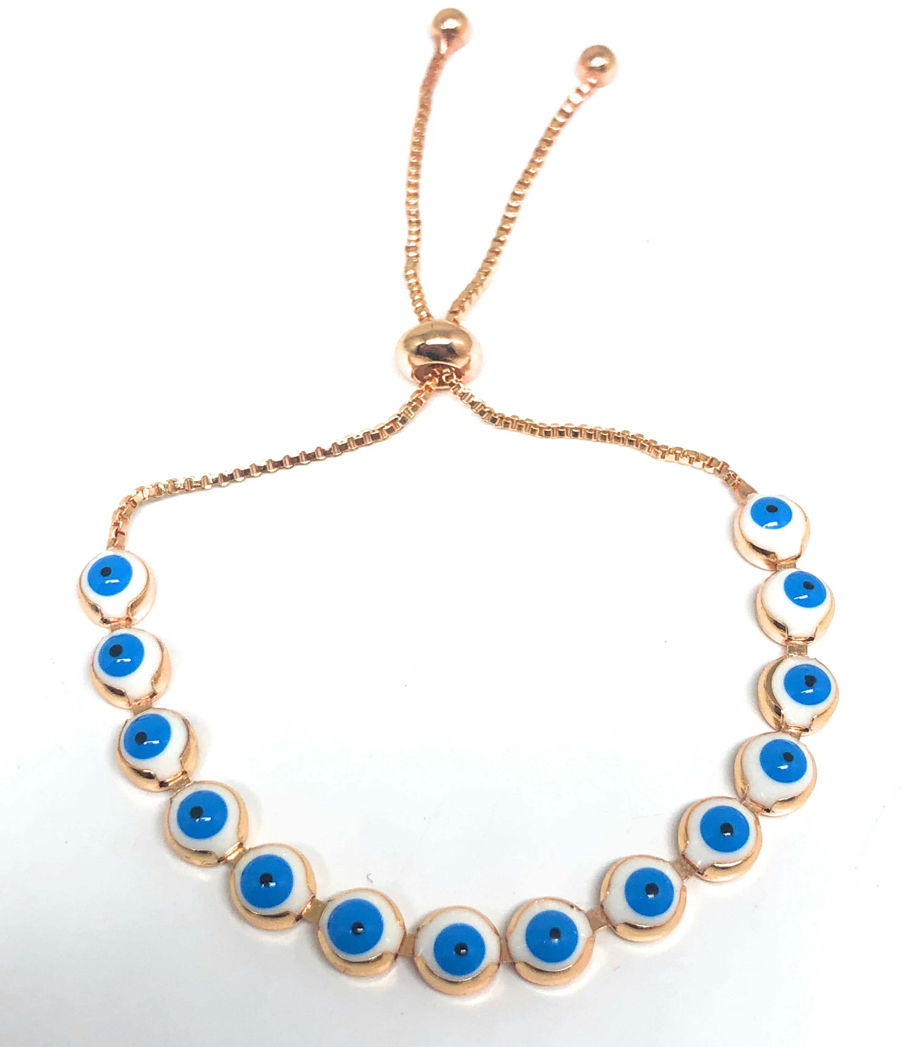 Gold Plated Evil Eye WHITE & BLUE Bracelet 8-10 inch - Image 2