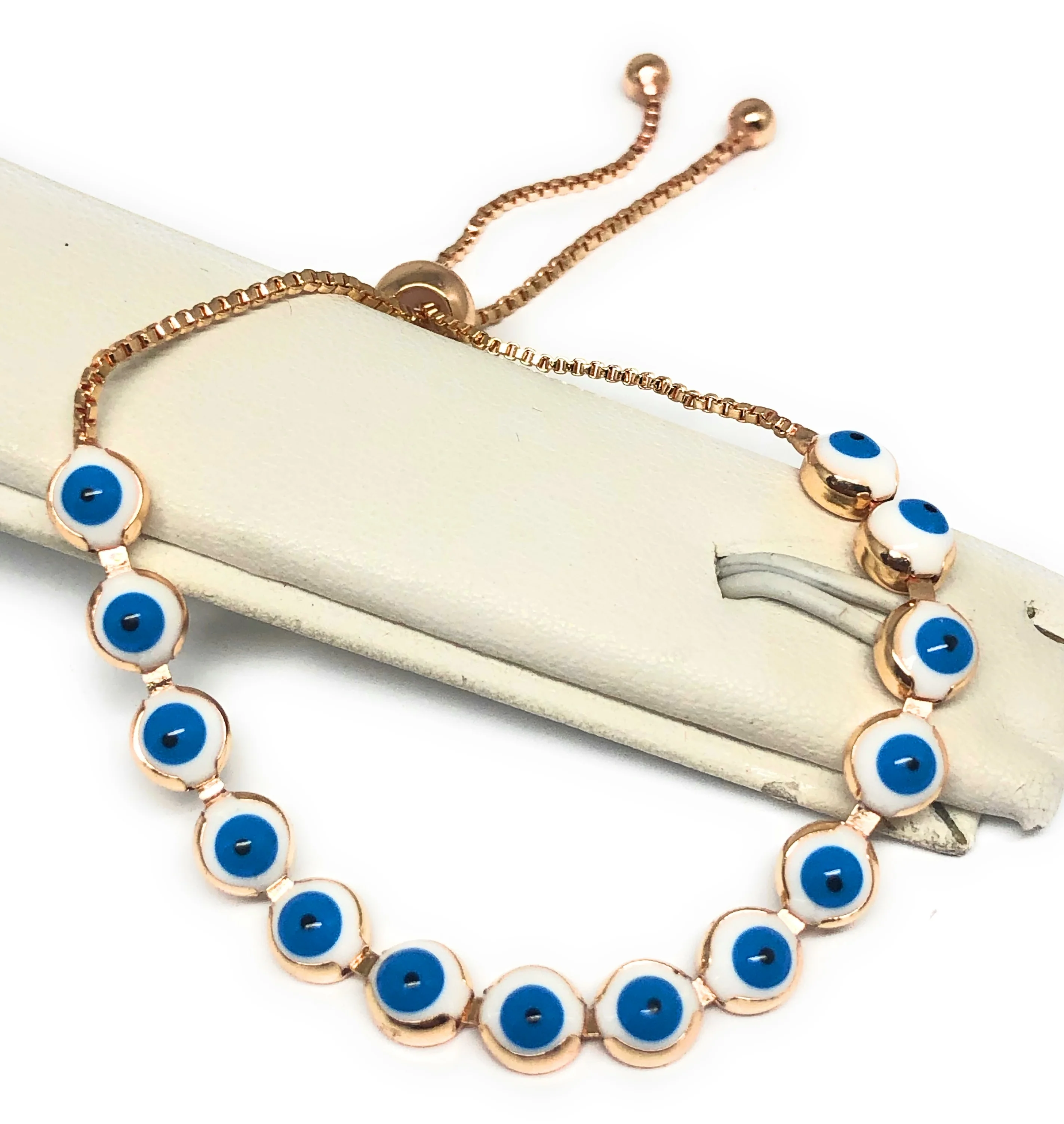 Gold Plated Evil Eye WHITE & BLUE Bracelet 8-10 inch - Image 3